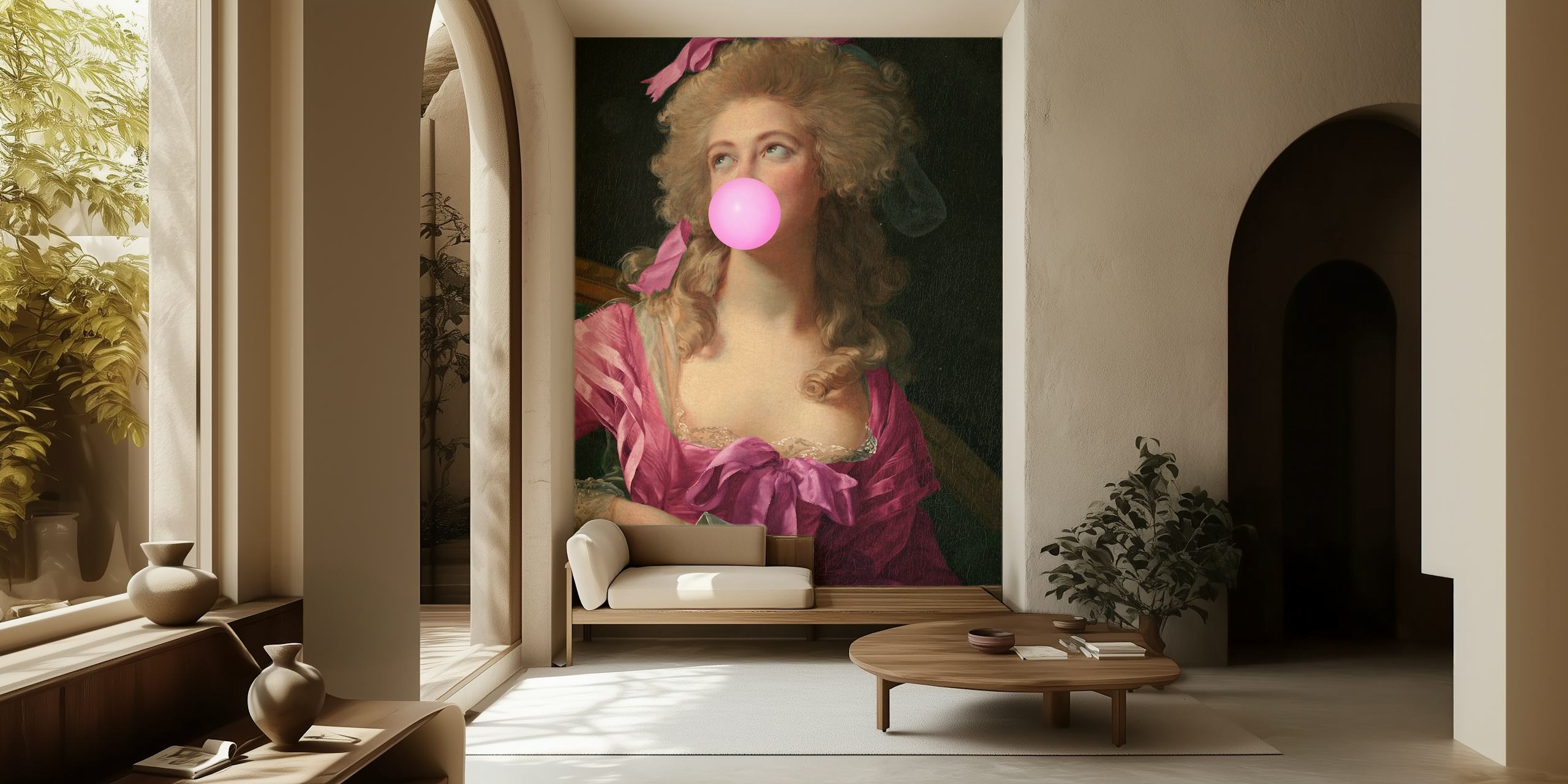 Portrait of a woman blowing bubble gum with pink hair and dress, vintage style wallpaper