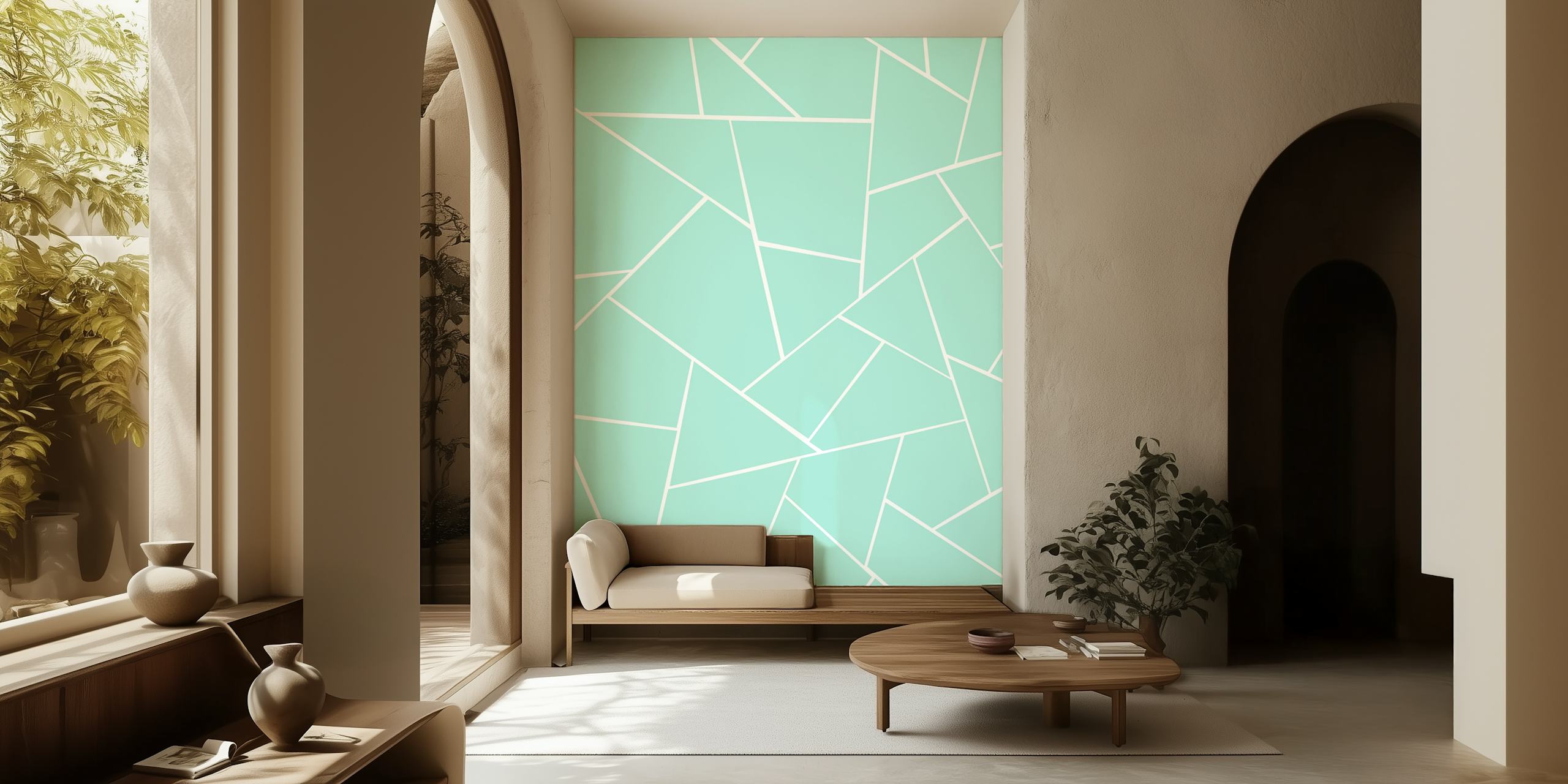 Mint geometric shapes with white lines on wallpaper