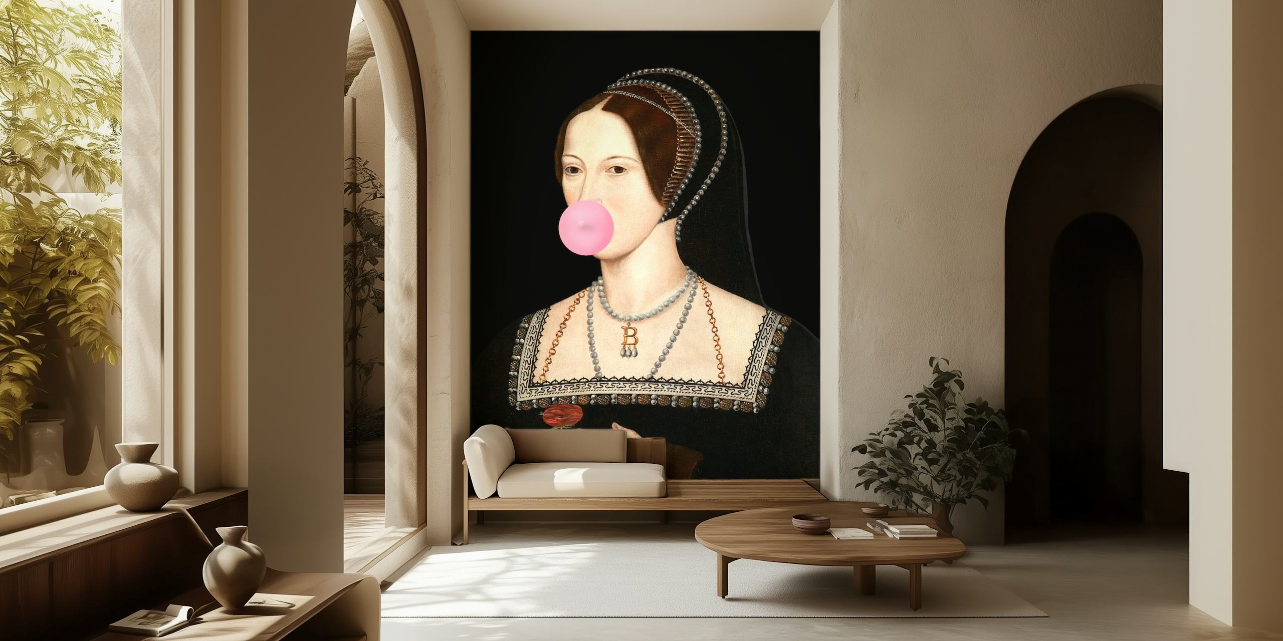 Portrait of a woman blowing pink bubble gum, vintage style wallpaper