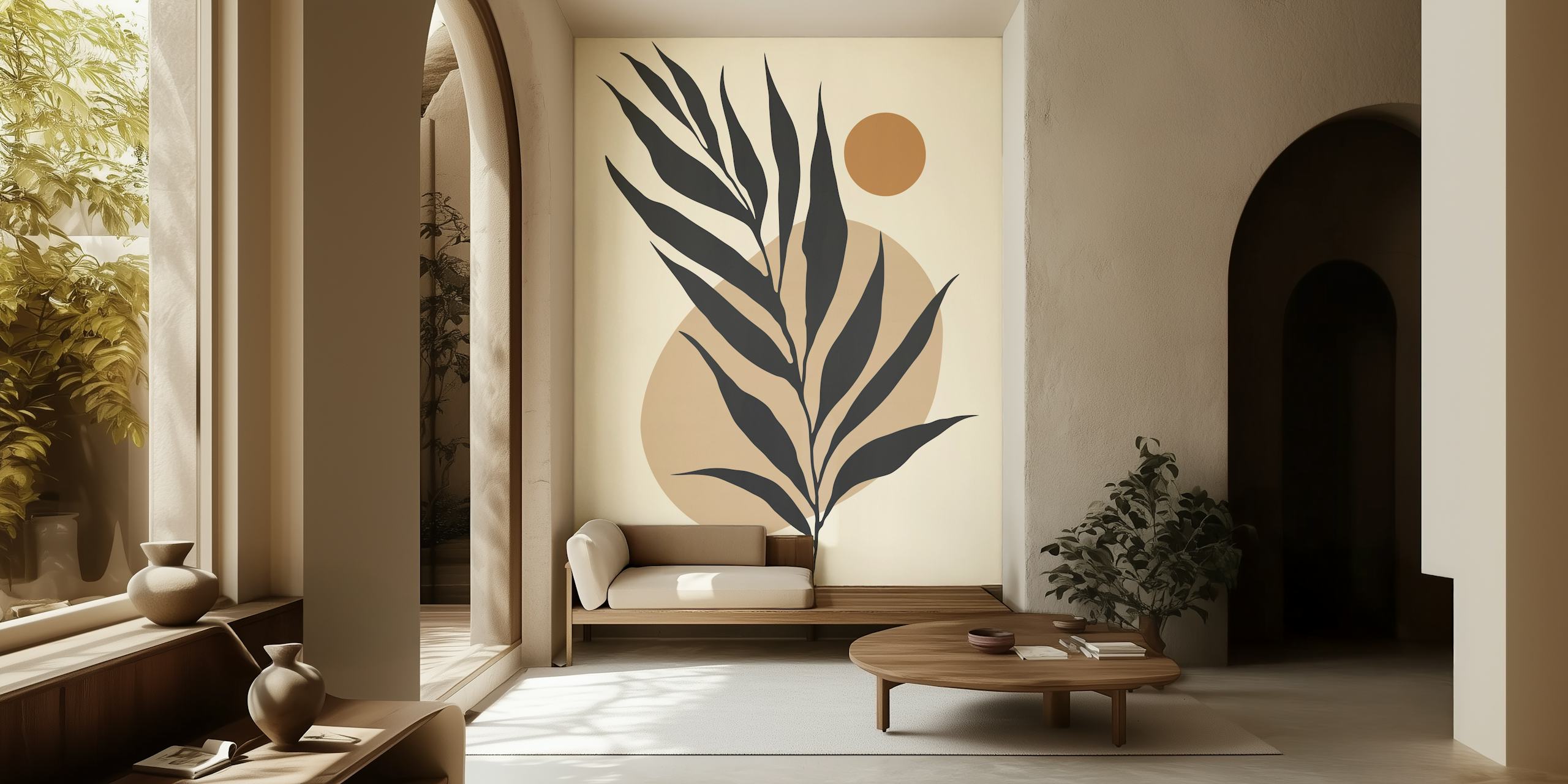 Monochrome leaves with warm beige circles on cream wallpaper