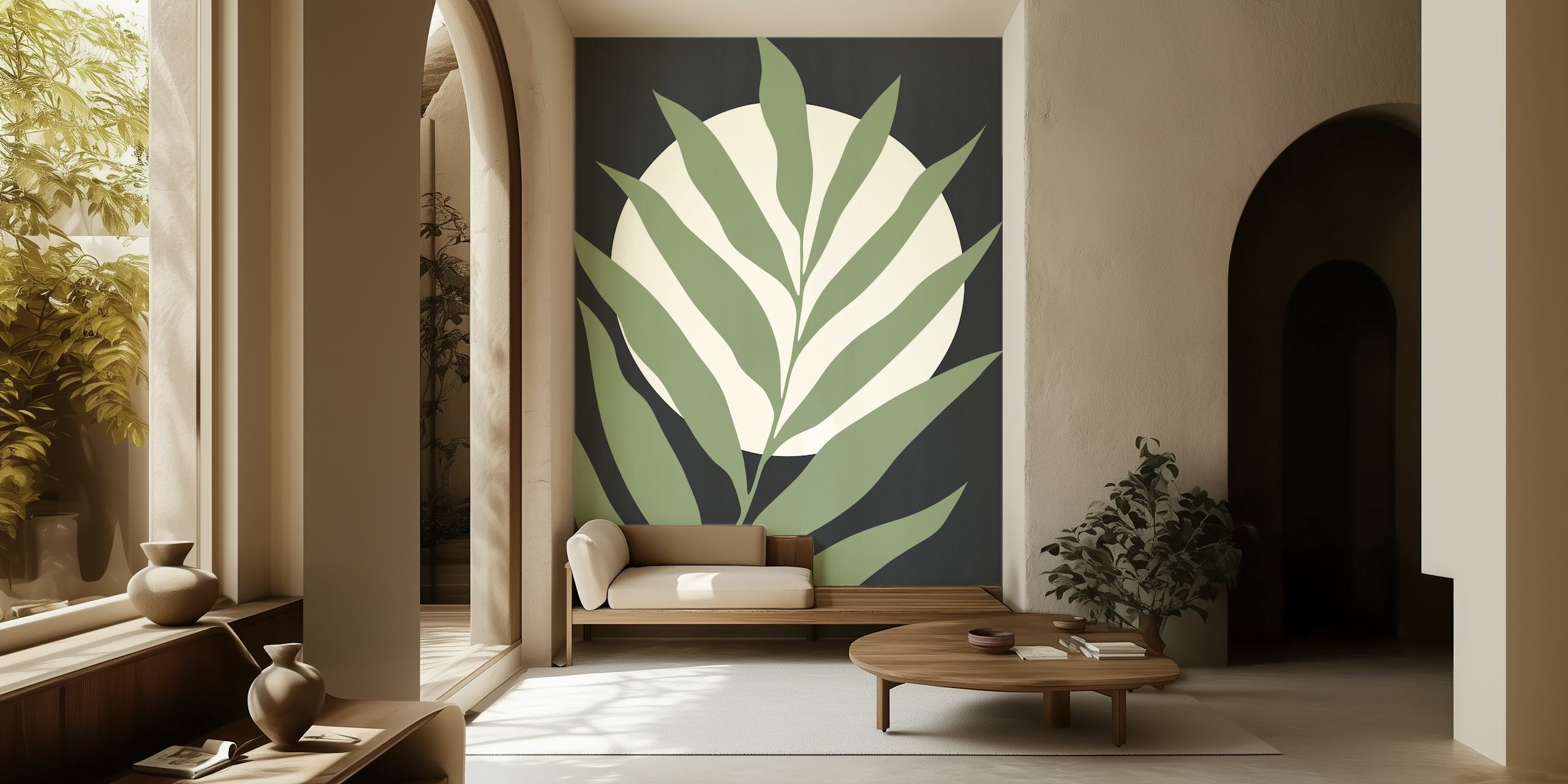 Green leaves on a dark background with a light circle wallpaper