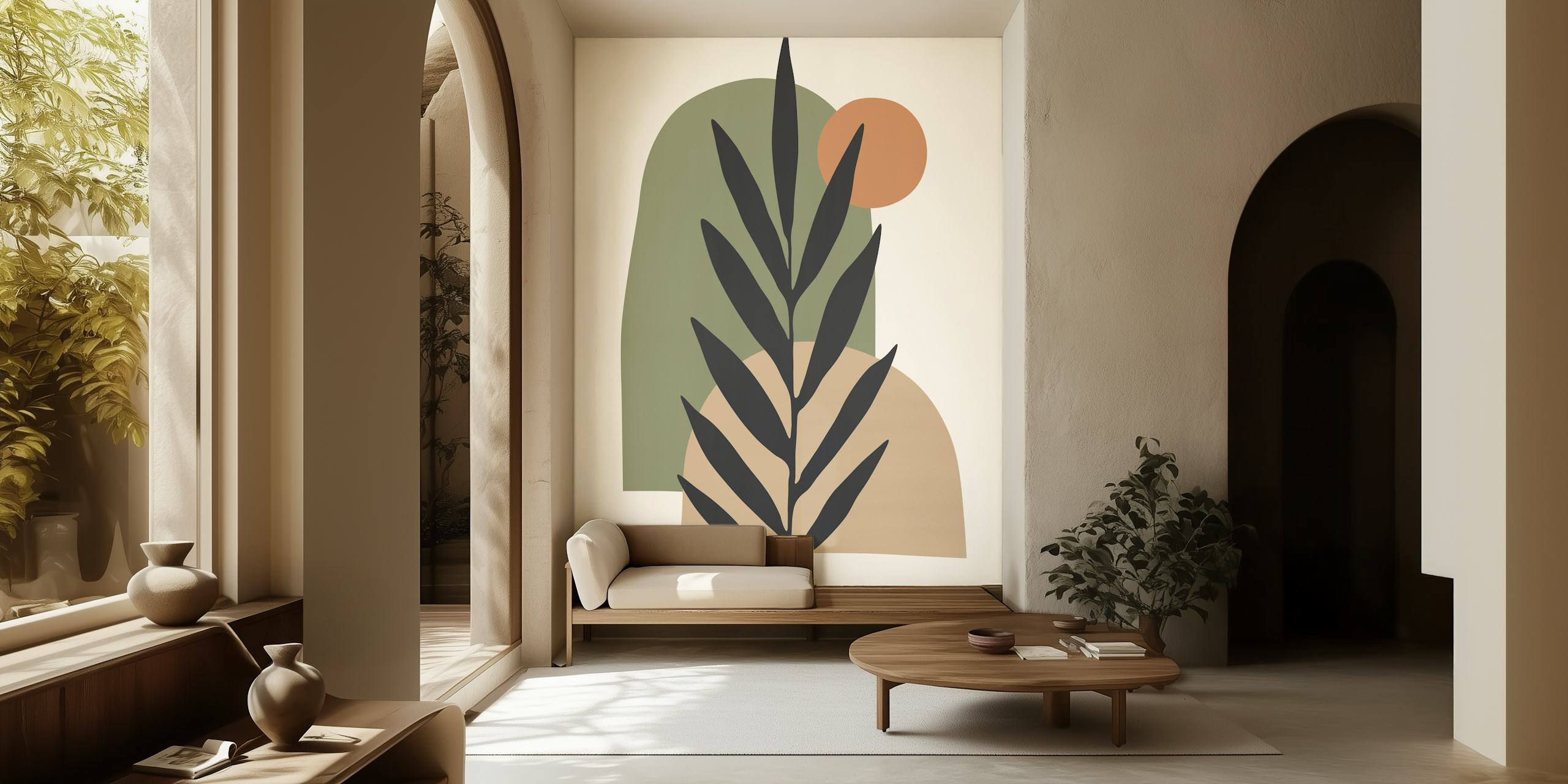 Leafy branch with abstract layered shapes in greens and beige wallpaper