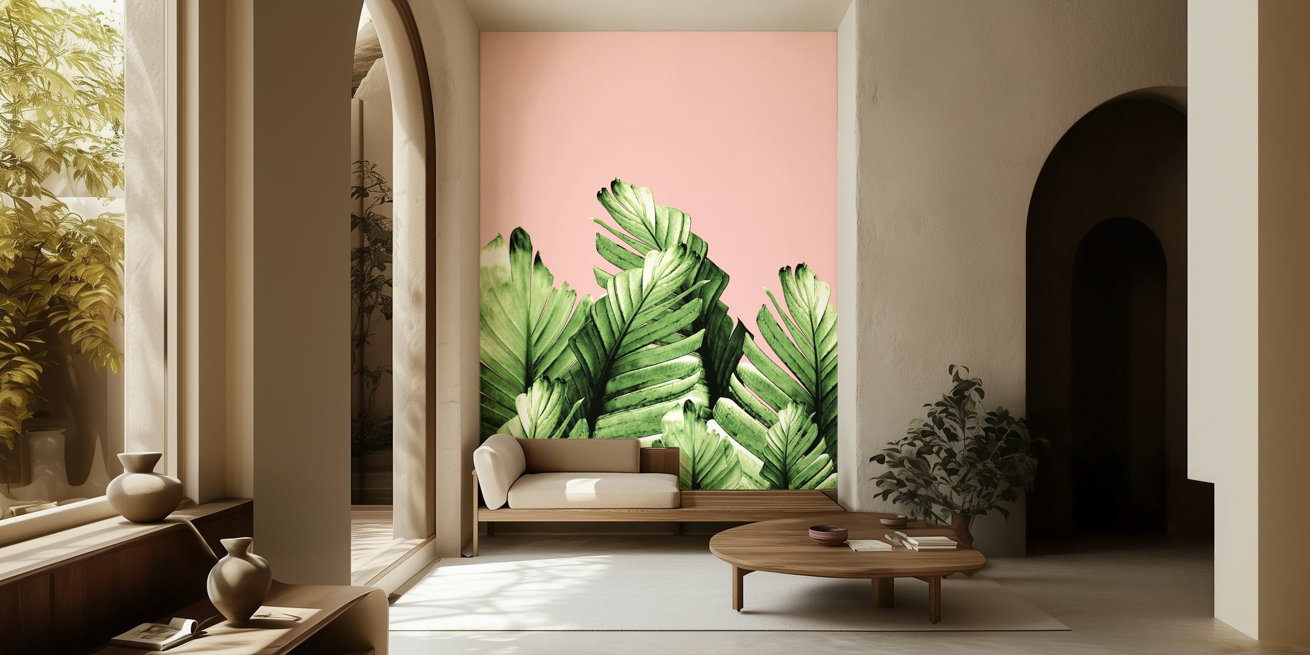 Fotomurais paisagistícos Folhas verdes de bananeira em fundo rosa blush