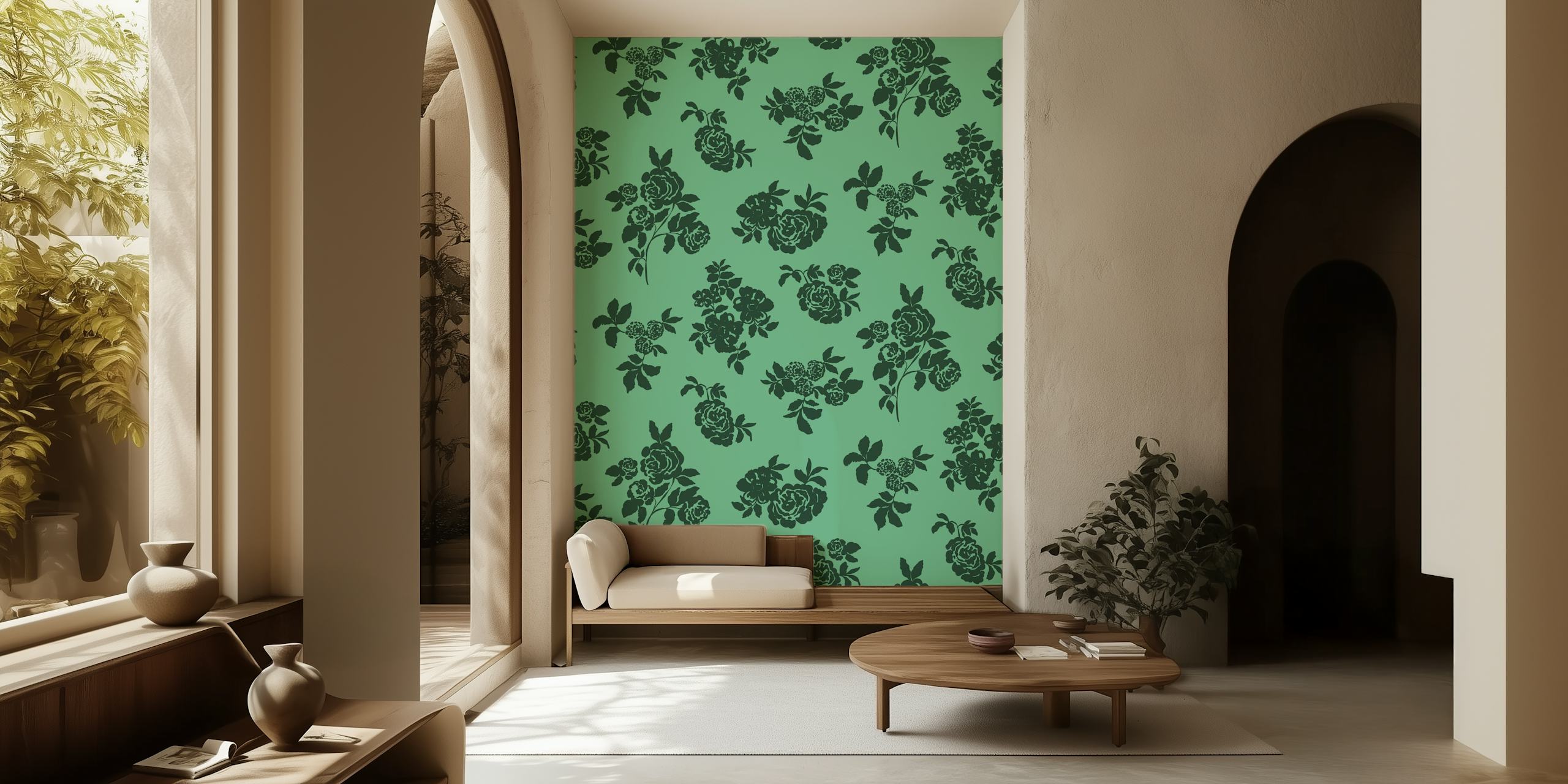 Vintage green floral wallpaper with dark flowers and leaves