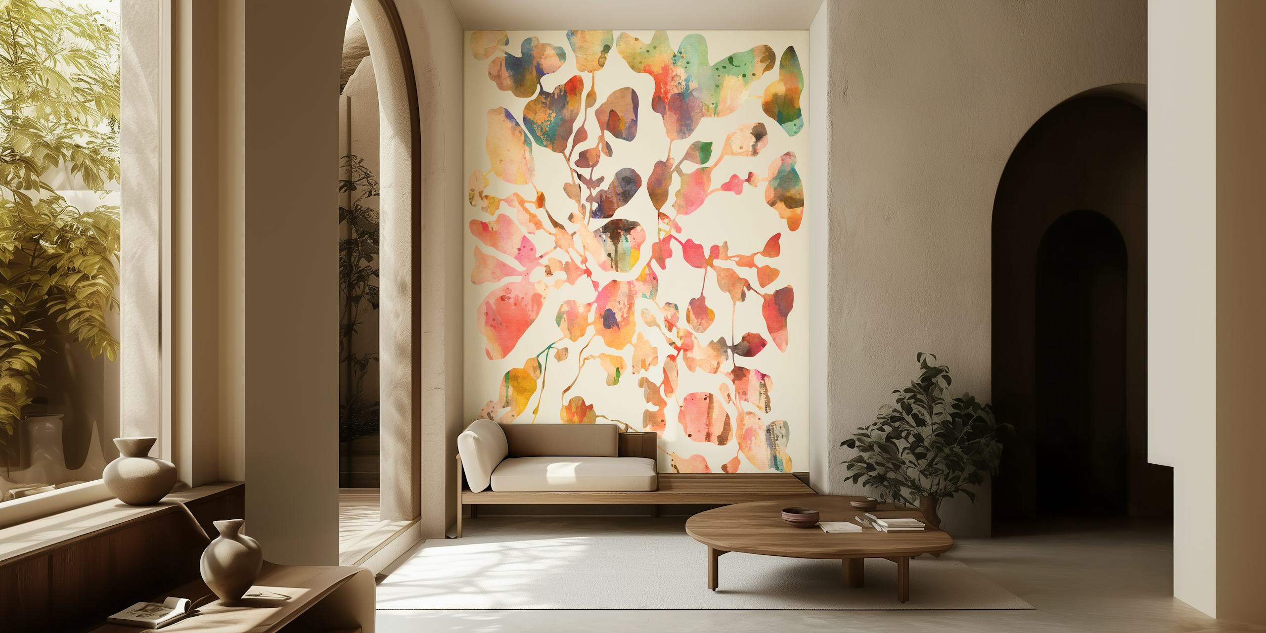 Colorful watercolor floral wallpaper with vibrant leaves