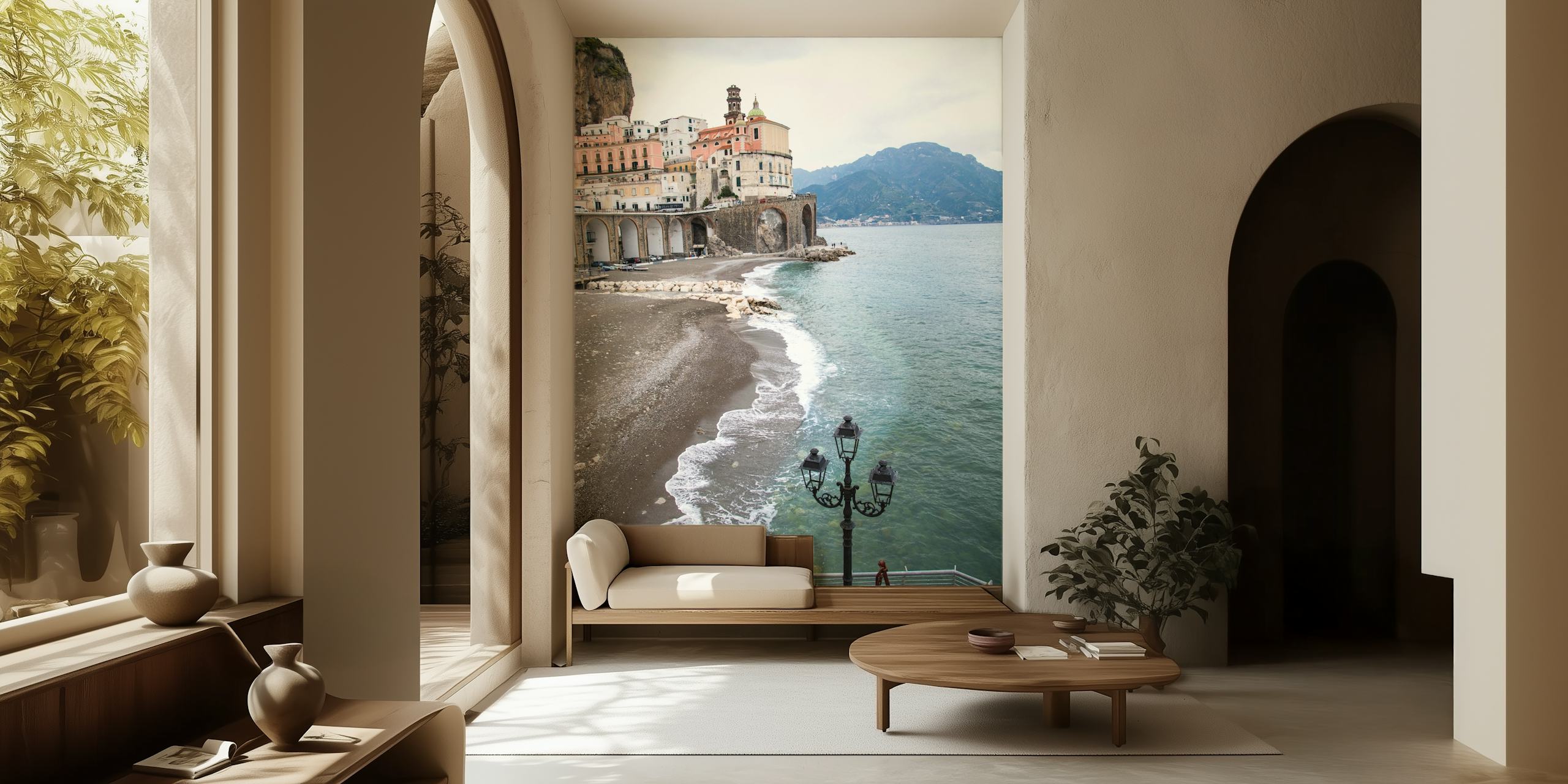 Atrani village on the Amalfi Coast with pebble beach and historic architecture wall mural