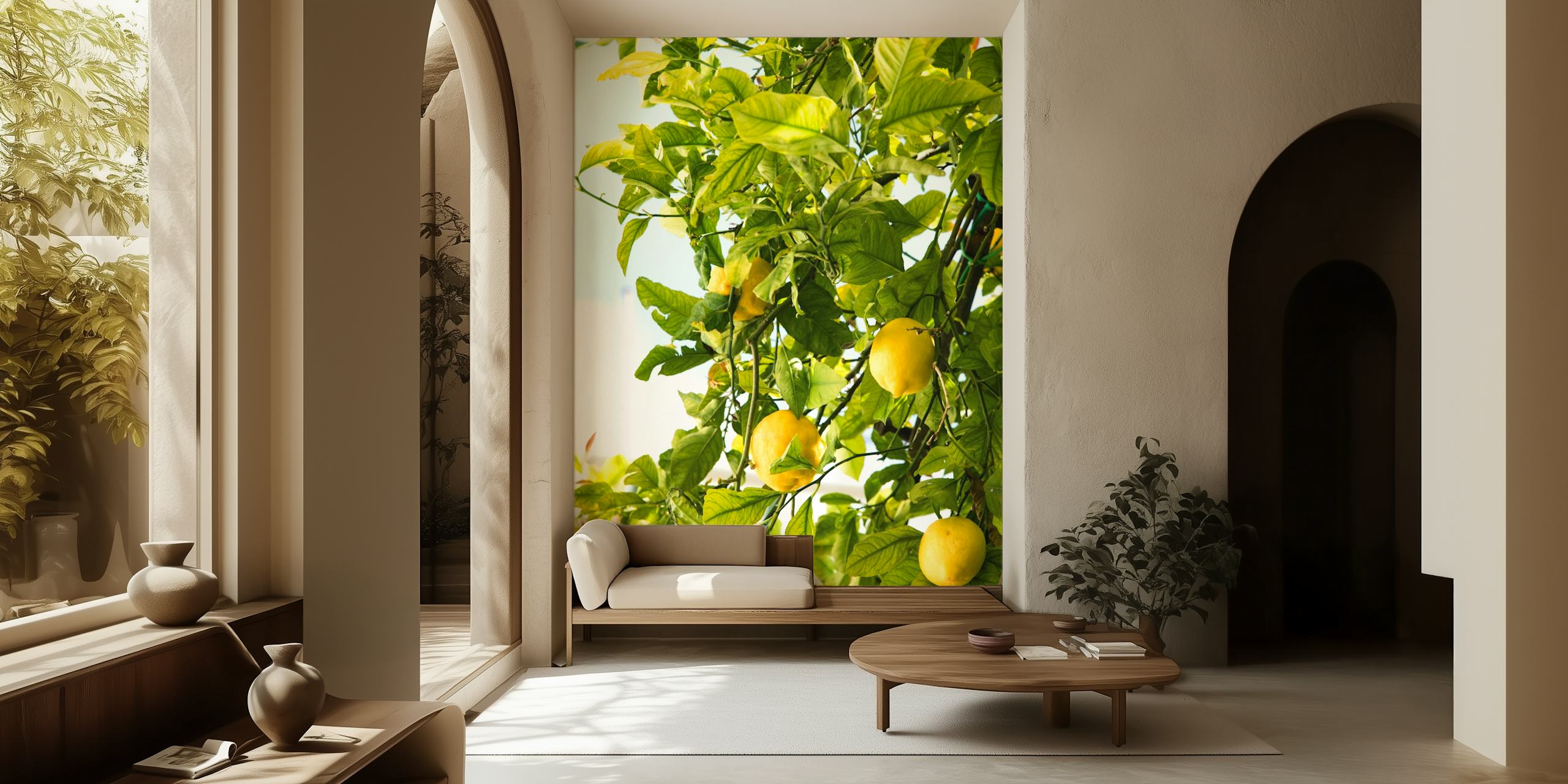 Amalfi Lemon Dream -seinämaalaus, jossa näkyy kirkkaan keltaisia sitruunoita rehevien vihreiden lehtien keskellä.