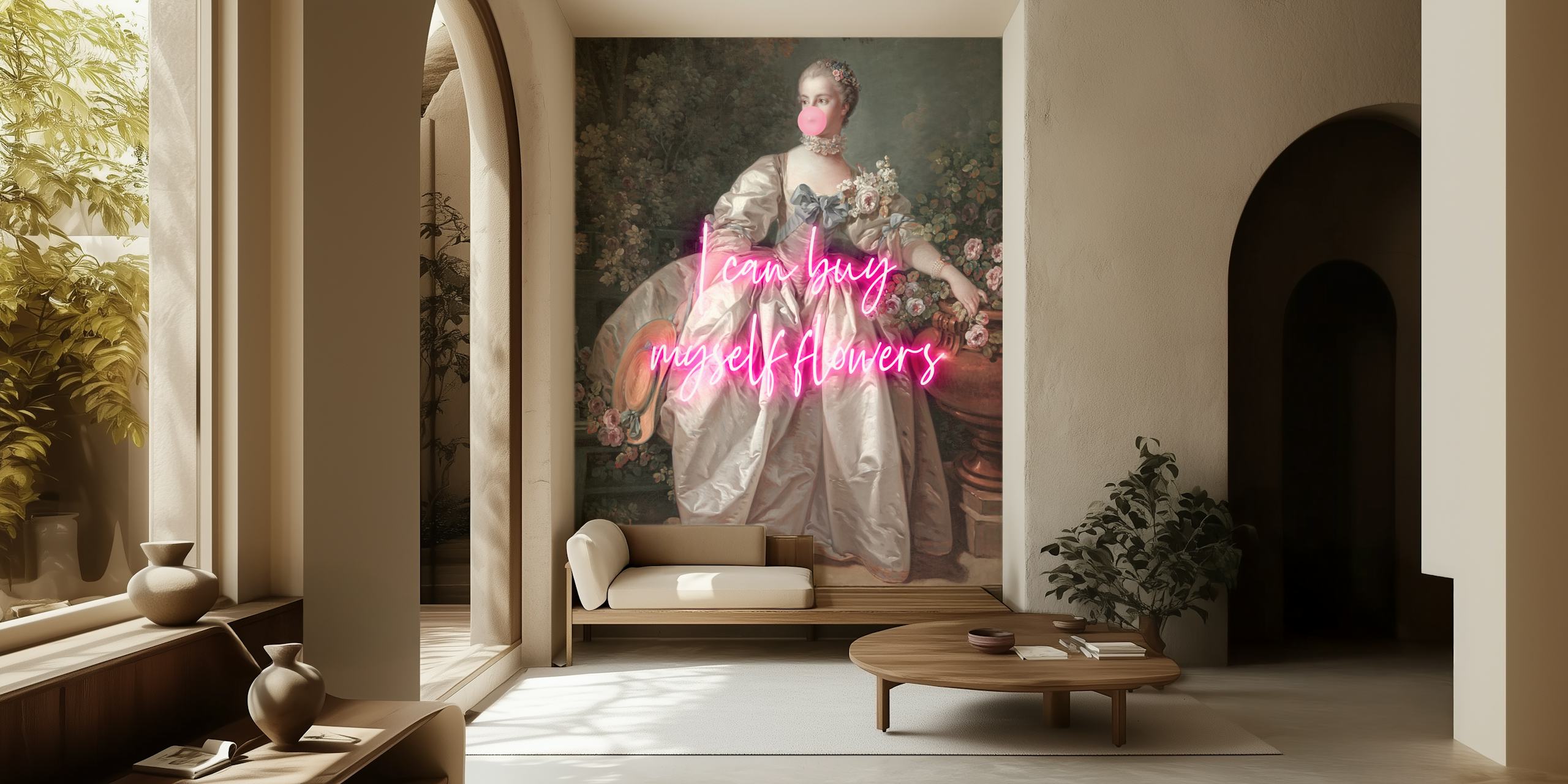 Woman in vintage gown with floral elements and neon text wallpaper