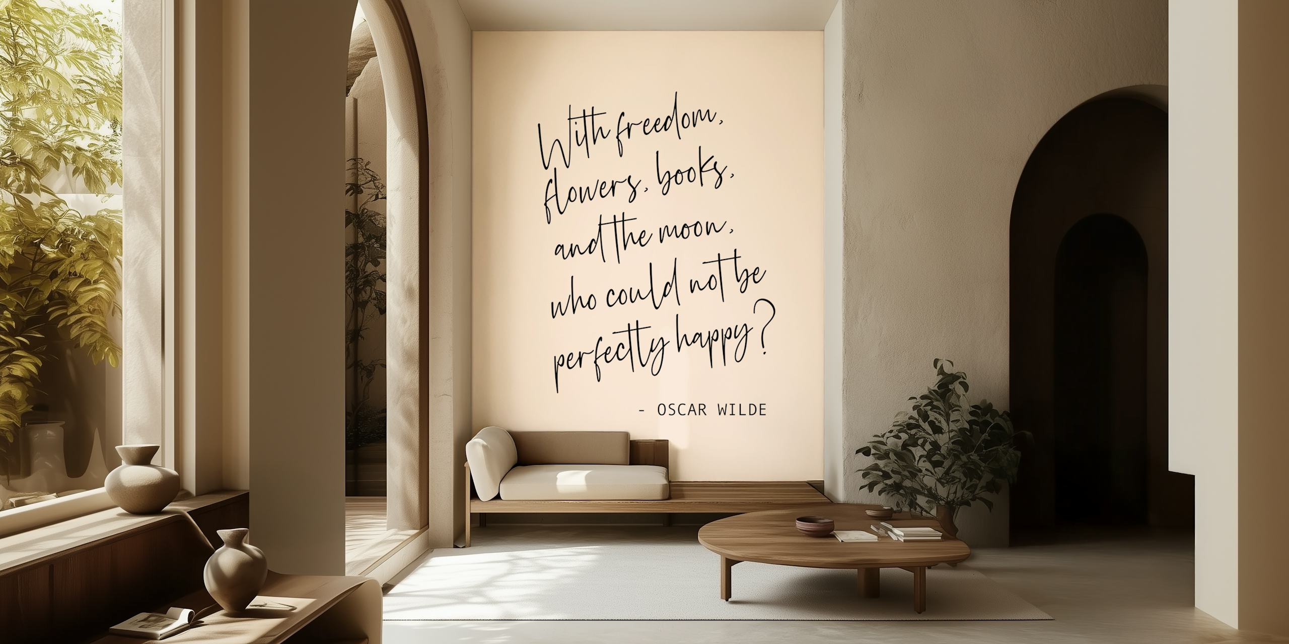 Oscar Wilde quote in flowing script on beige wallpaper