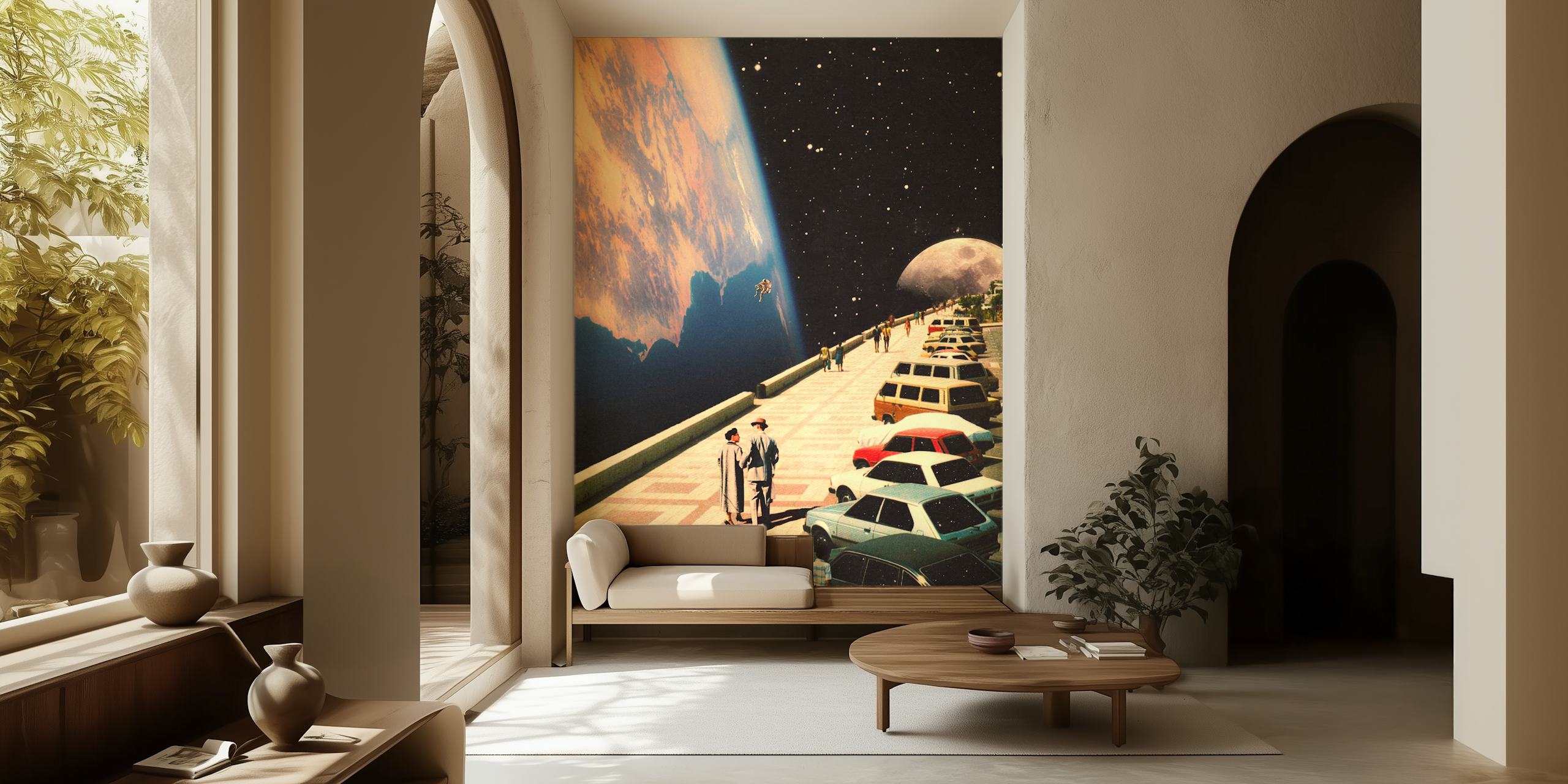 Fototapeta retro-futuristická vesmírná promenáda se zaparkovanou kosmickou lodí a vzdálenými planetami