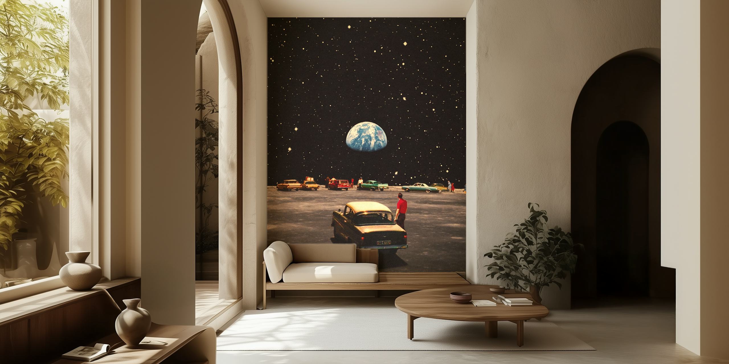 Vintage cosmic wallpaper featuring colorful cars under a starry sky