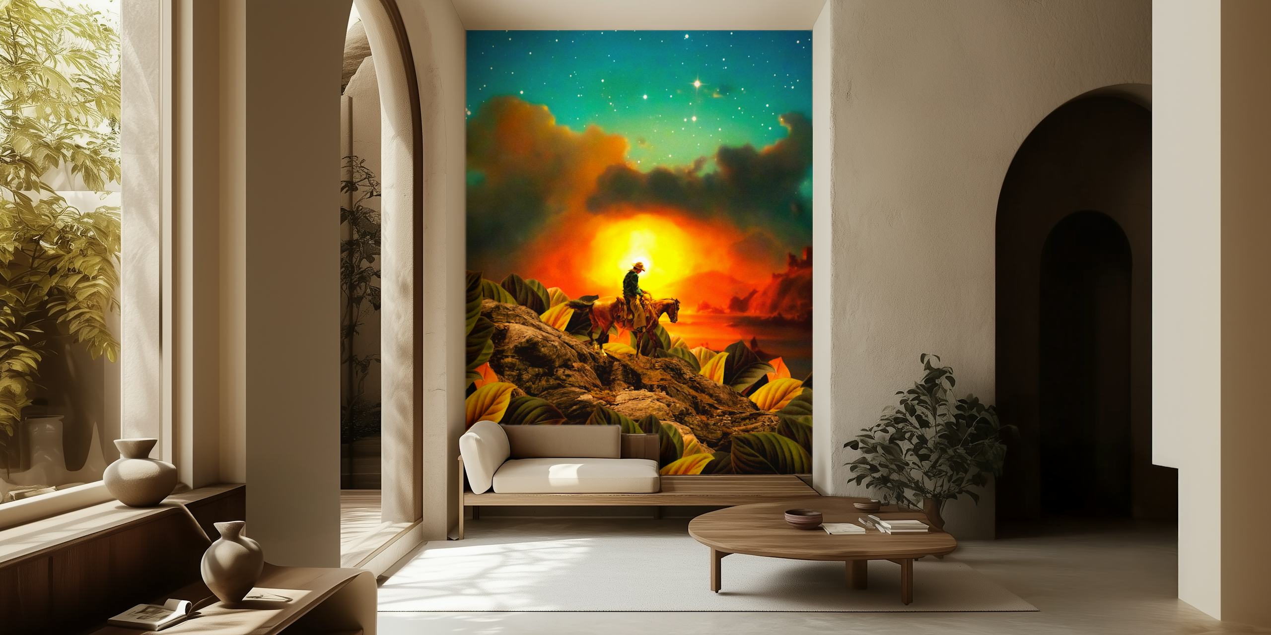 Photo murale silhouette de cavalier et de cheval contre le coucher du soleil avec un ciel éclairé par des étoiles