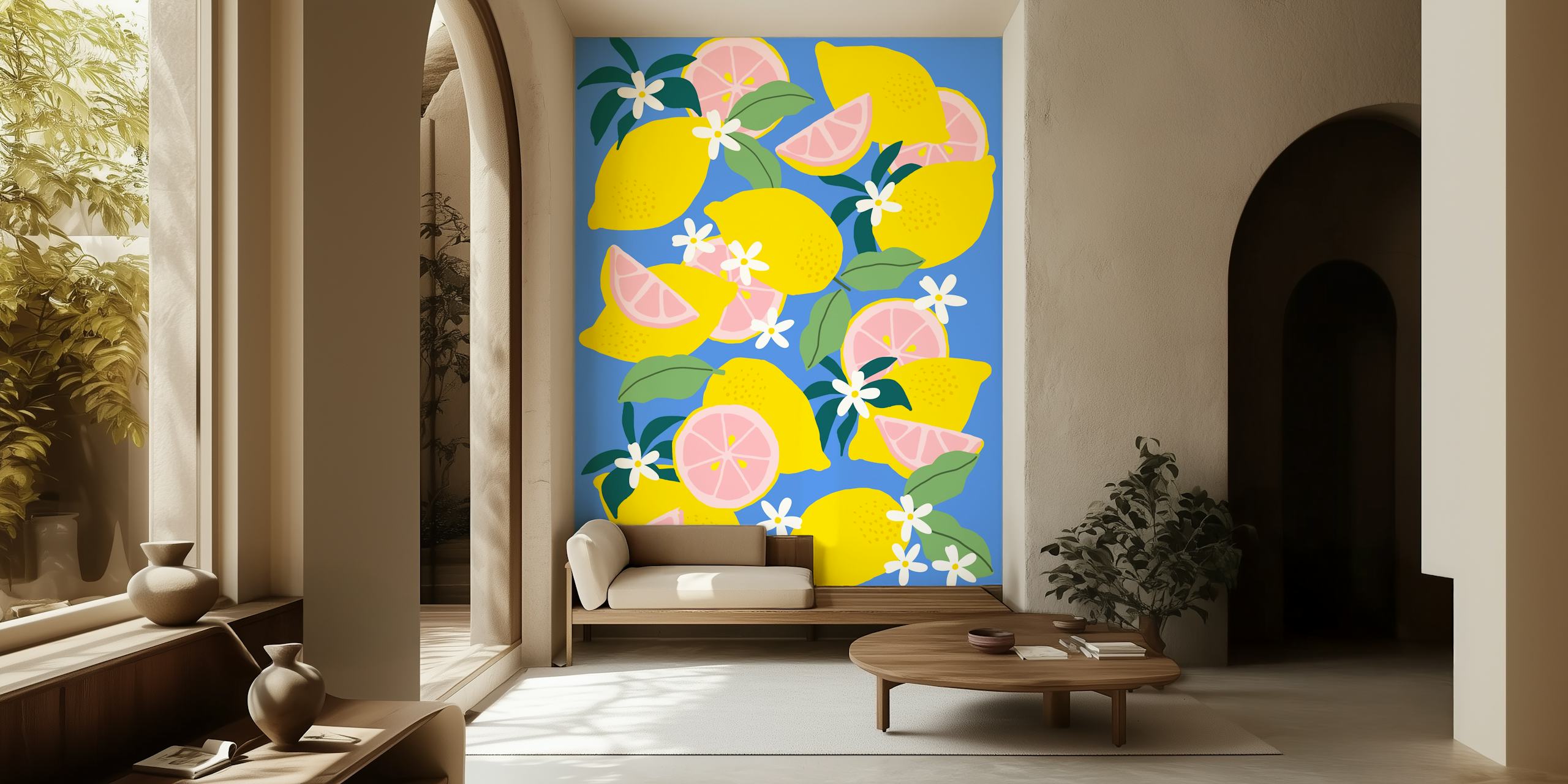 Colorful lemon and flower pattern wallpaper