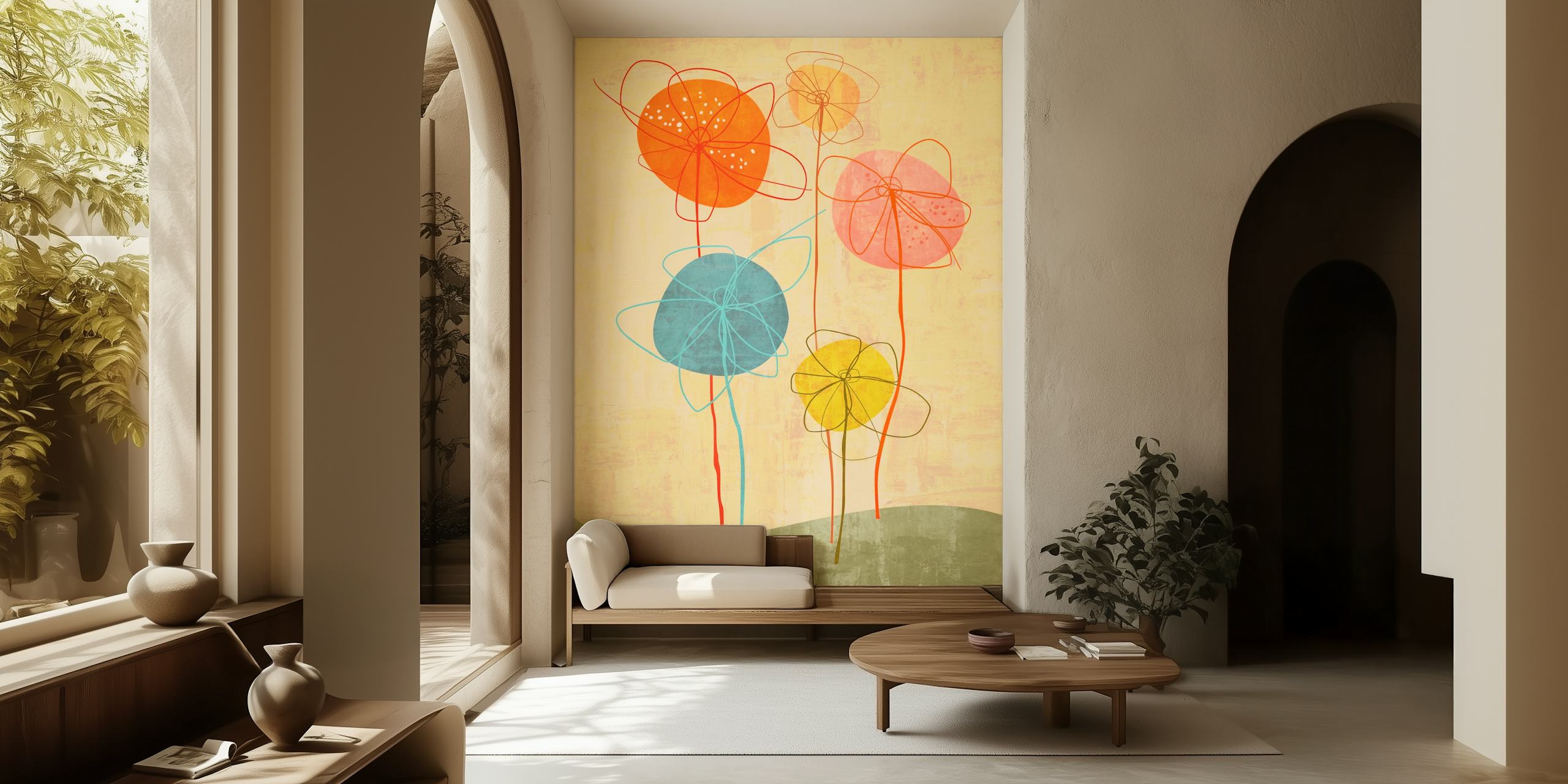 Colorful abstract floral design with pink, orange, and blue flowers on beige background wallpaper.