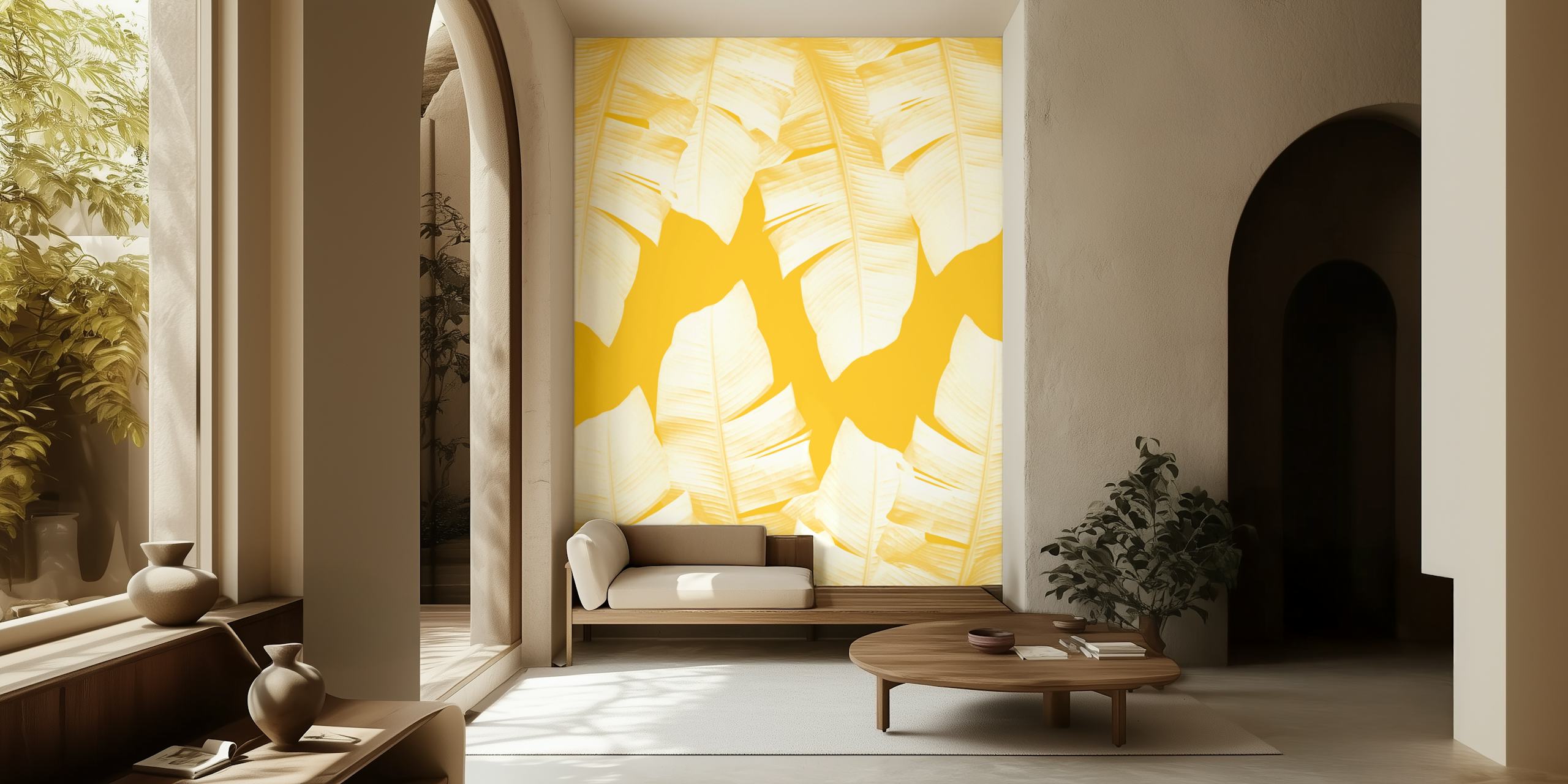 Tropical banana leaves in white on bright yellow wallpaper