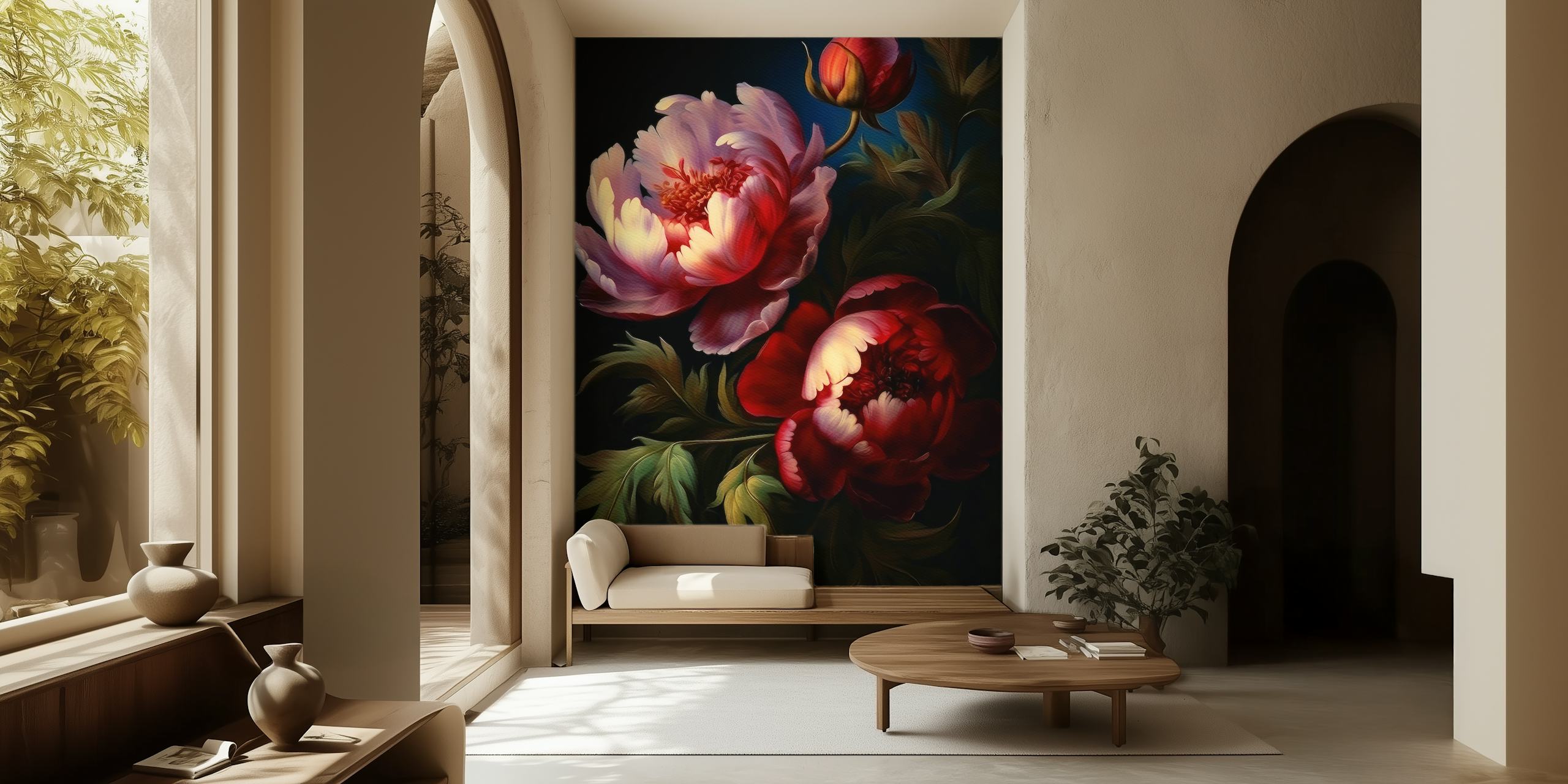 Dark pink peonies and green leaves floral wallpaper