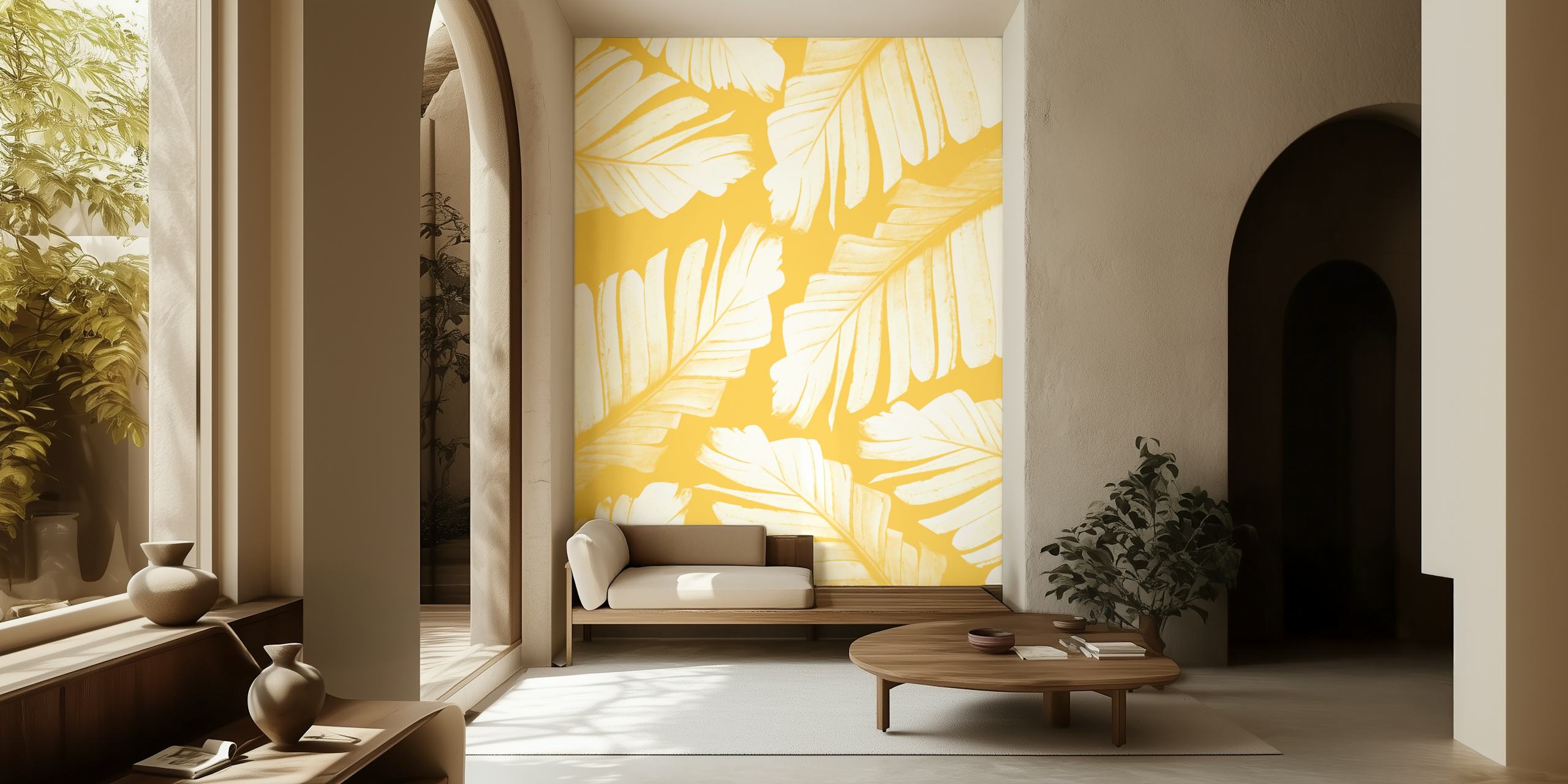Yellow tropical banana leaves wallpaper with white outlines