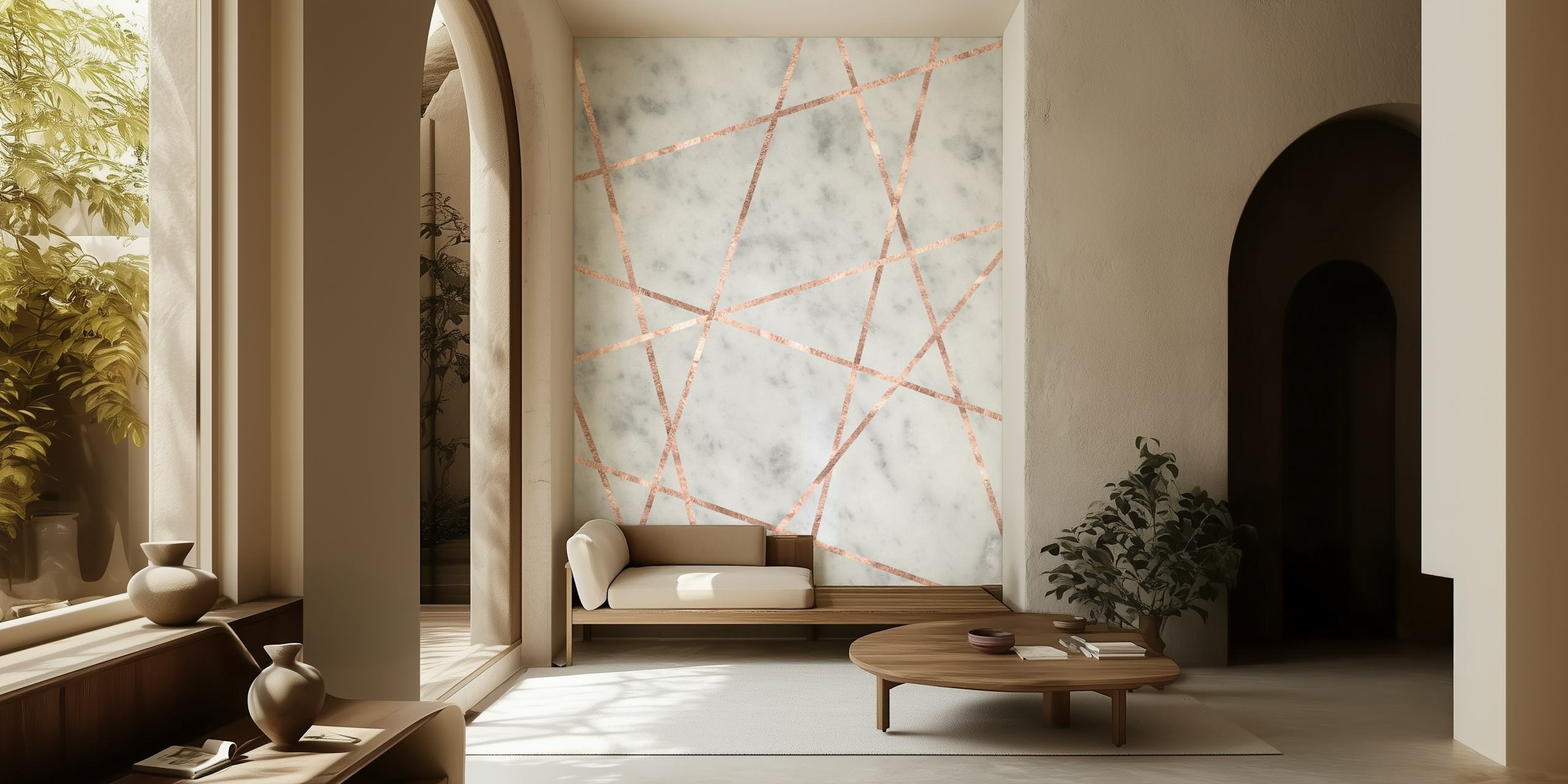 Elegant tapet i marmor med roséguld geometriska linjer