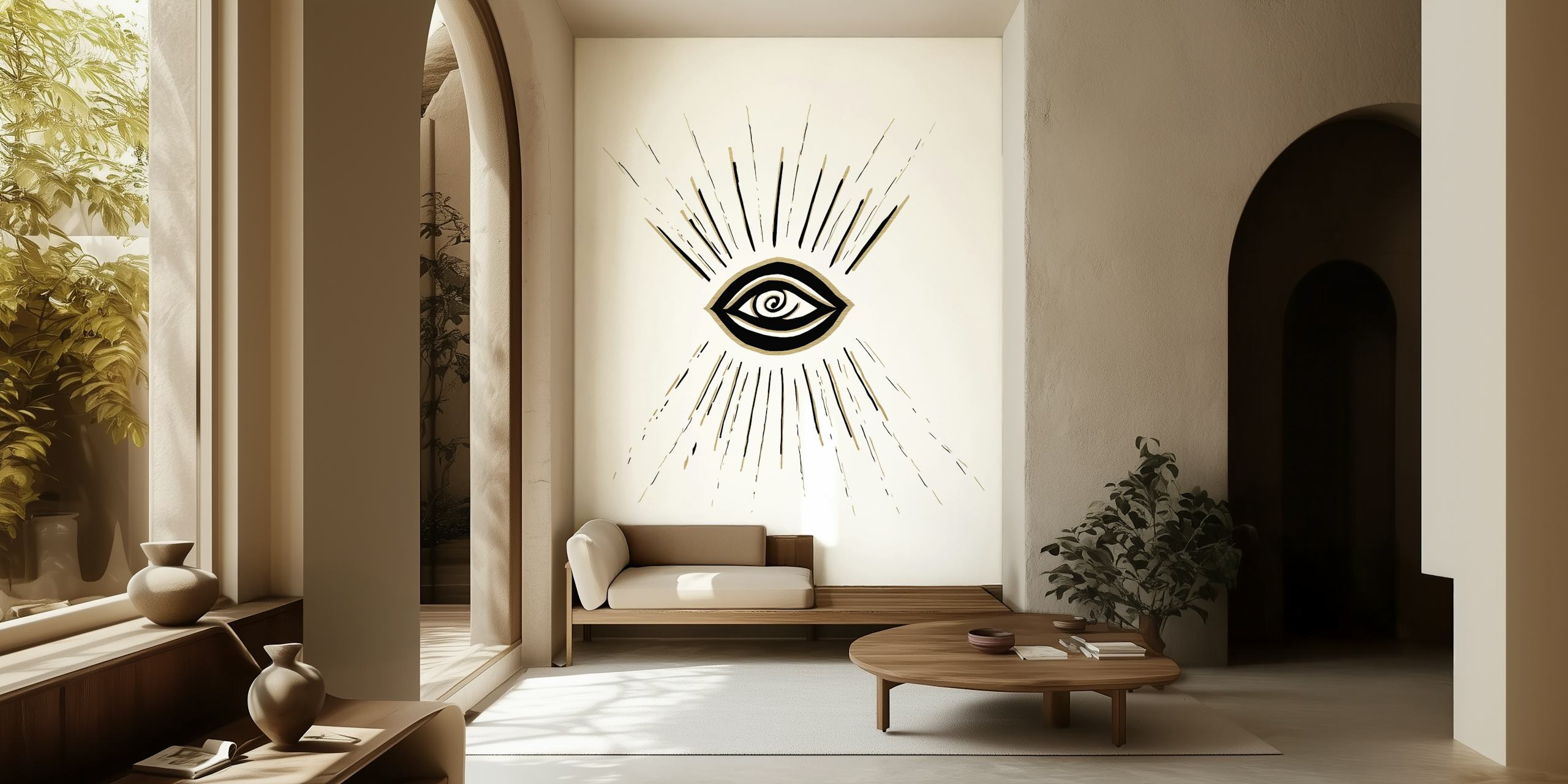 Mural de pared Evil Eye Gold Black on White que representa un símbolo protector con brillantes detalles dorados y negros sobre un fondo blanco.