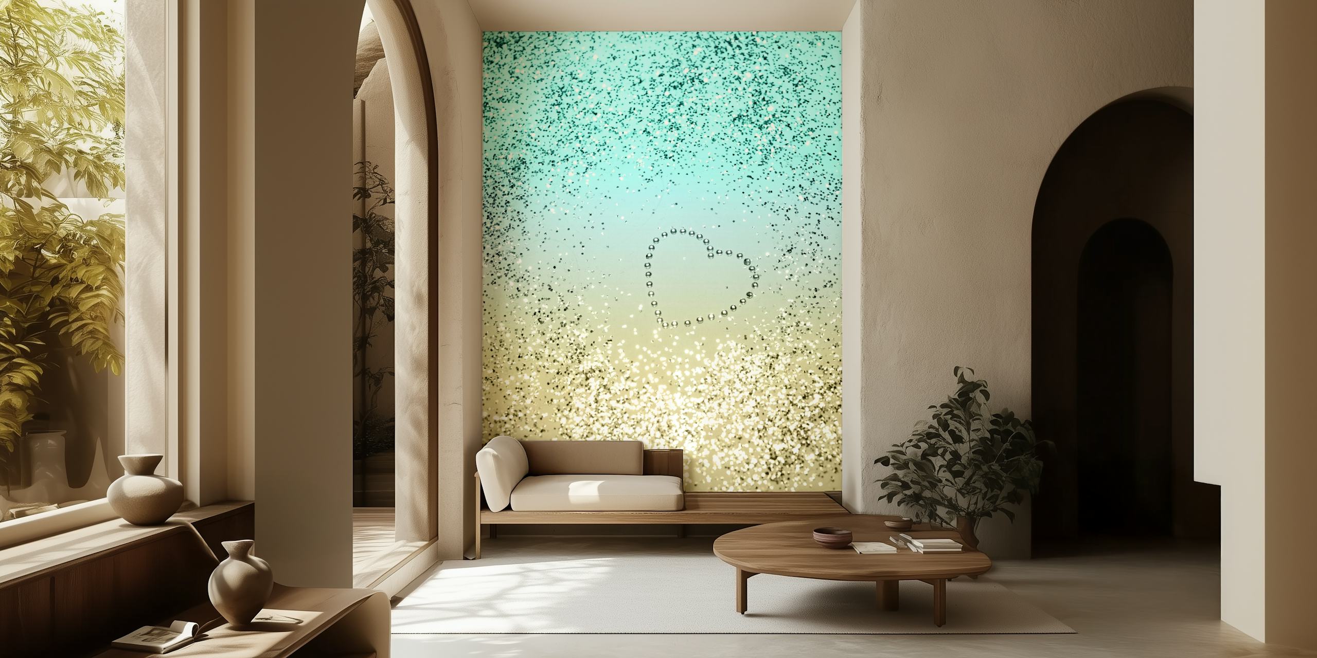 Lemon Twist Glitter Heart veggmaleri med gul til akvamarin gradient og gullglitter