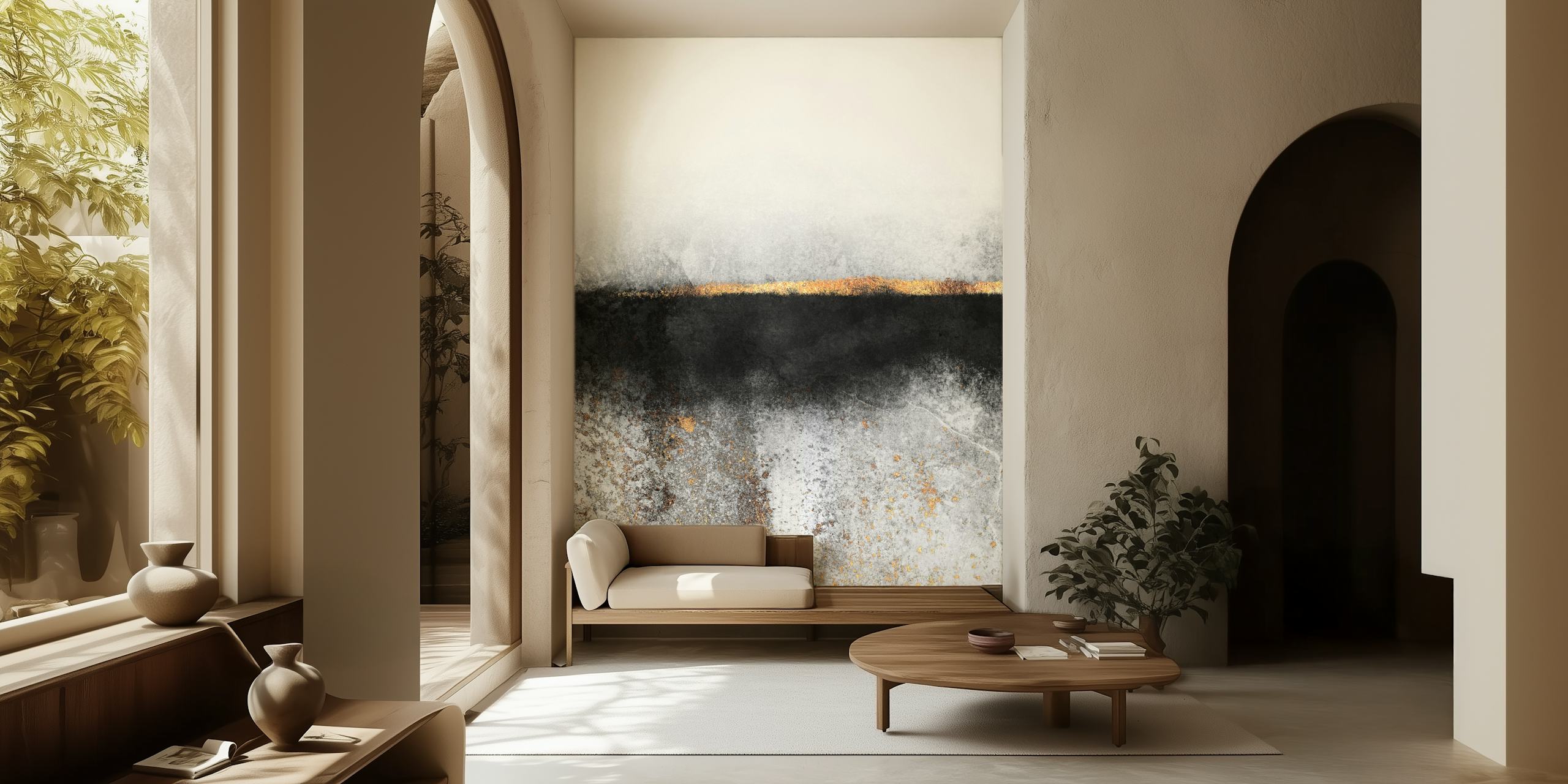 Abstract soot and gold wall mural with a blend of black, grey, and gold textures