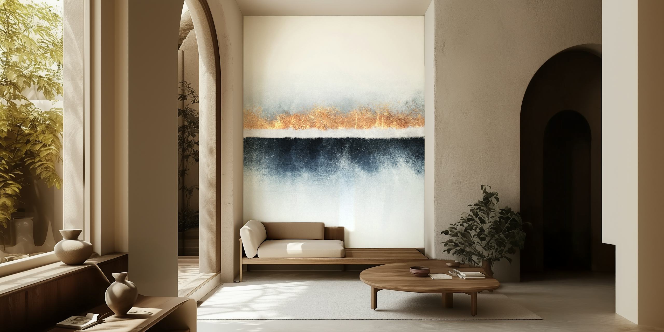 Abstrakcyjna fototapeta Horyzont z warstwami śnieżnobiałej, złotej i ciemnoniebieskiej