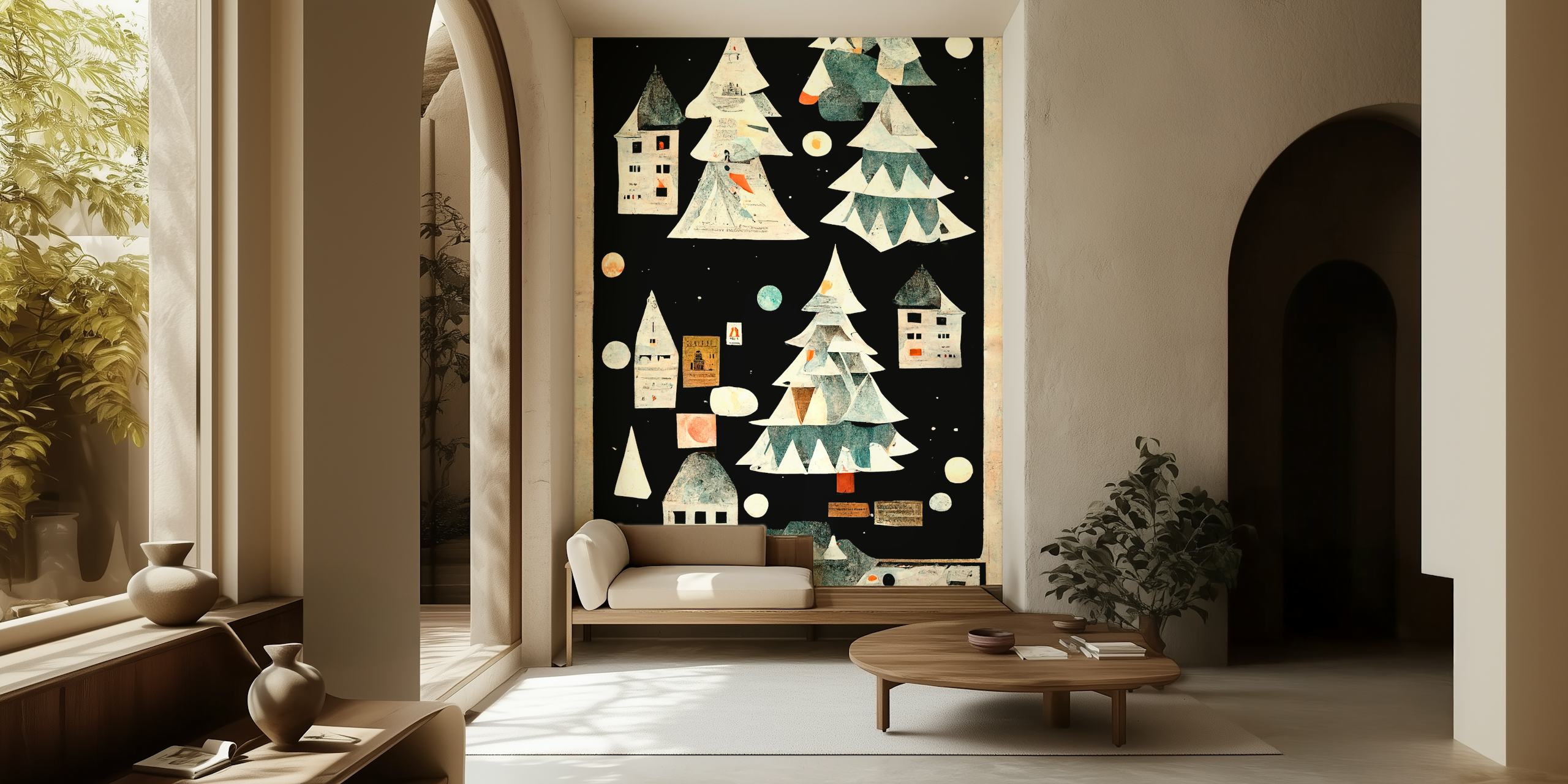 Illustrative wall mural of a quaint village at night with paper-like textures and pastel colors
