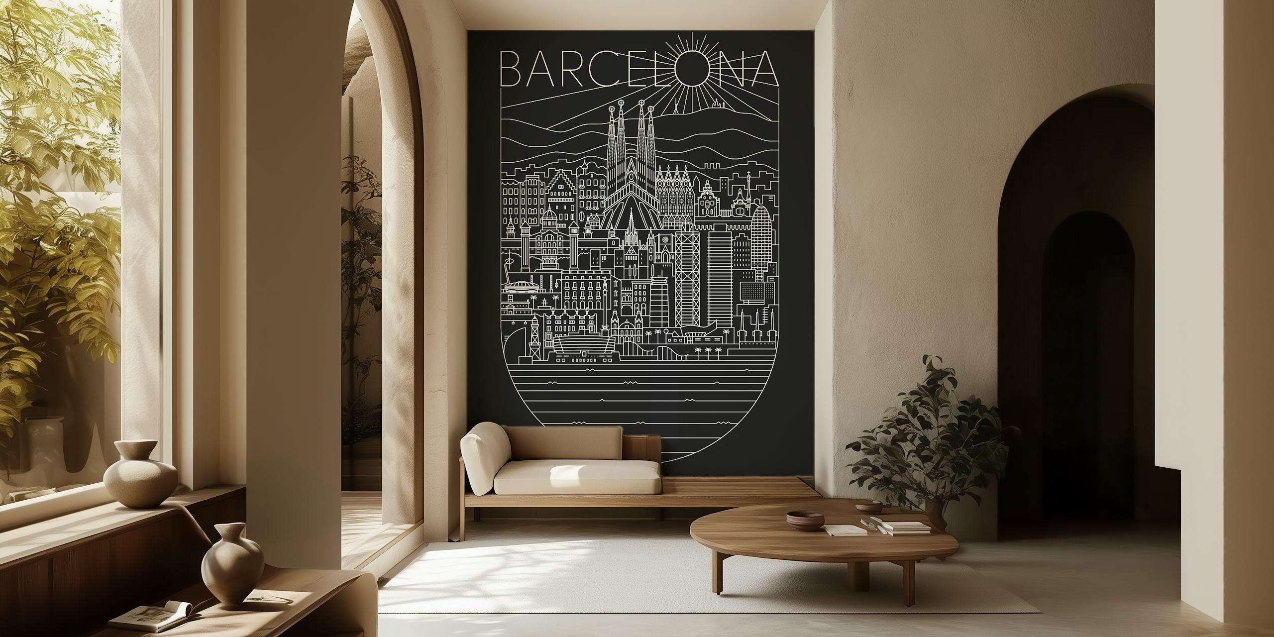 Line art wall mural depicting Barcelona's cityscape with highlights like Sagrada Familia