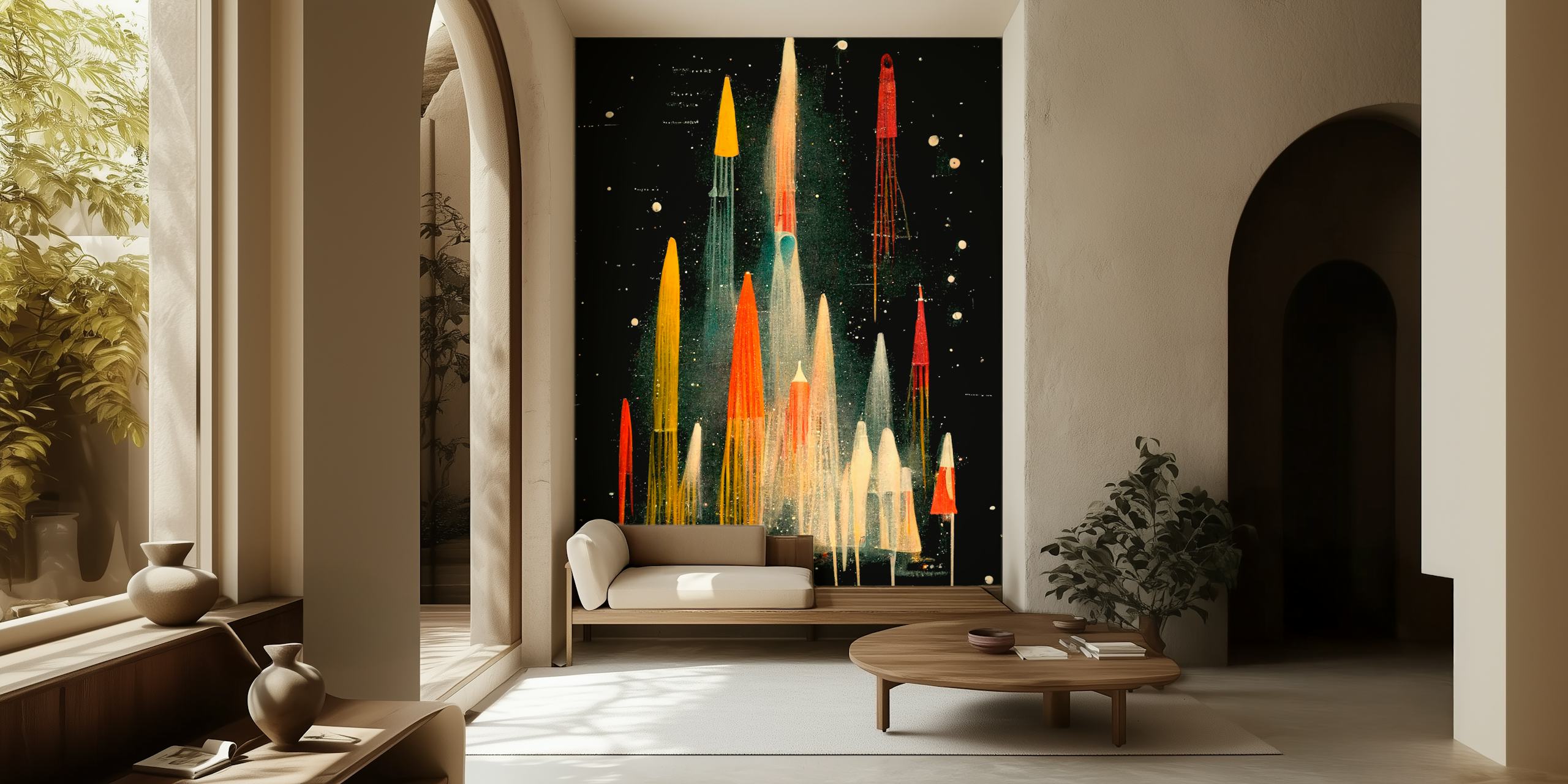 Foguetes de estilo vintage subindo em um fotomural vinílico de parede de céu noturno estrelado