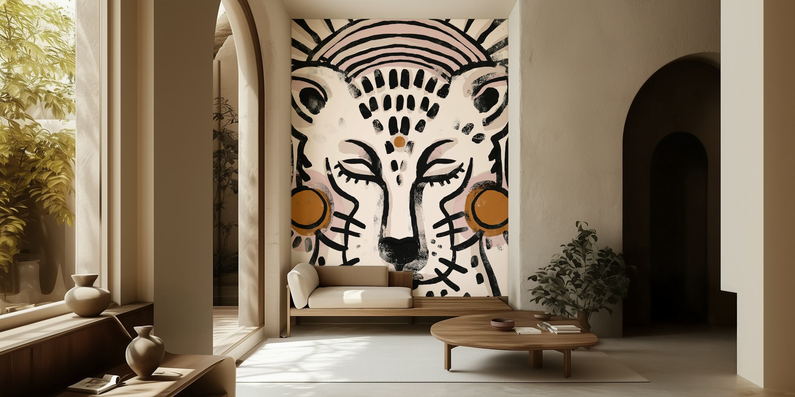 Tiger face illustration in pink and brown colors, modern wallpaper