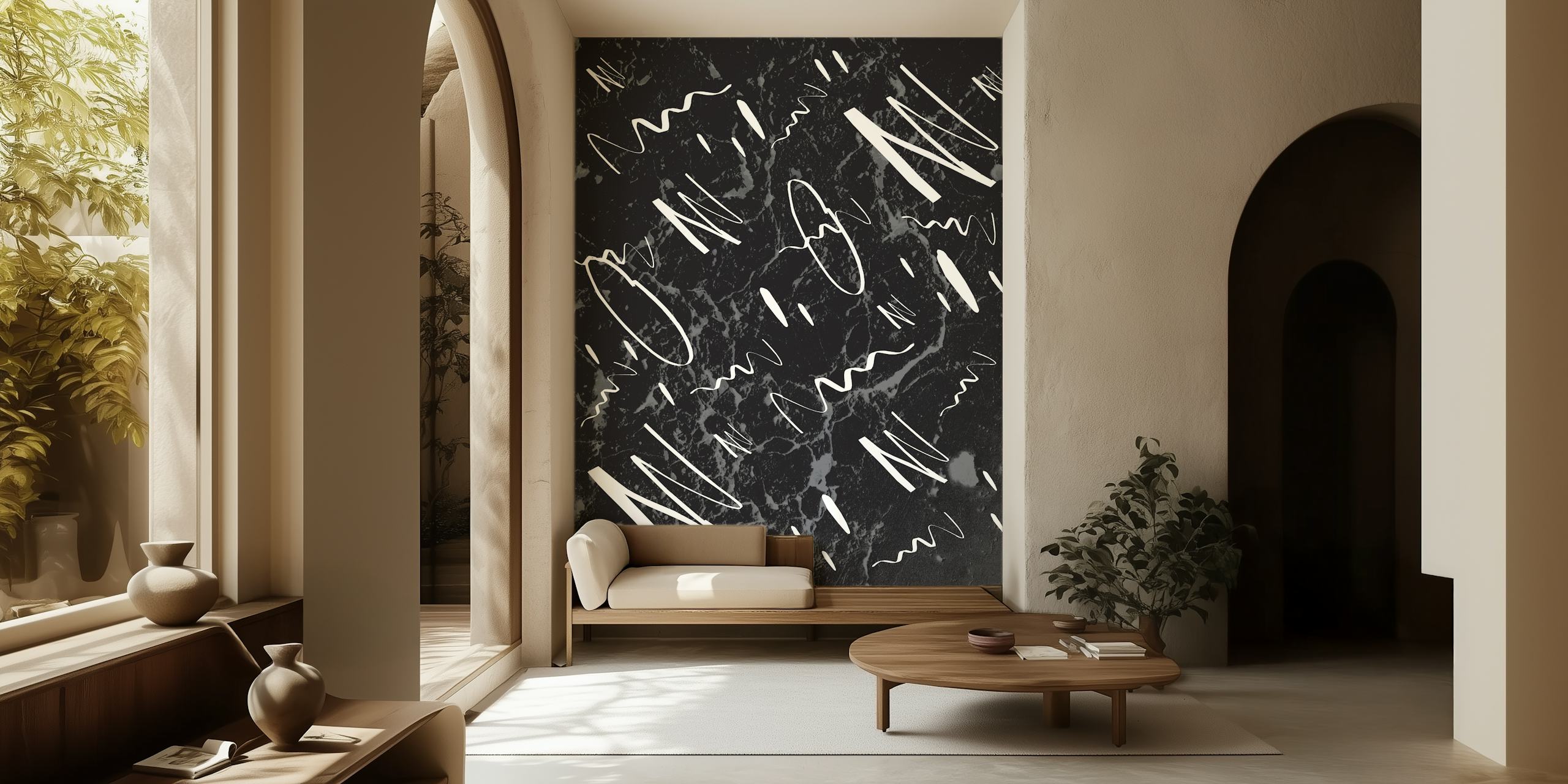 Black marble wallpaper with abstract white designs