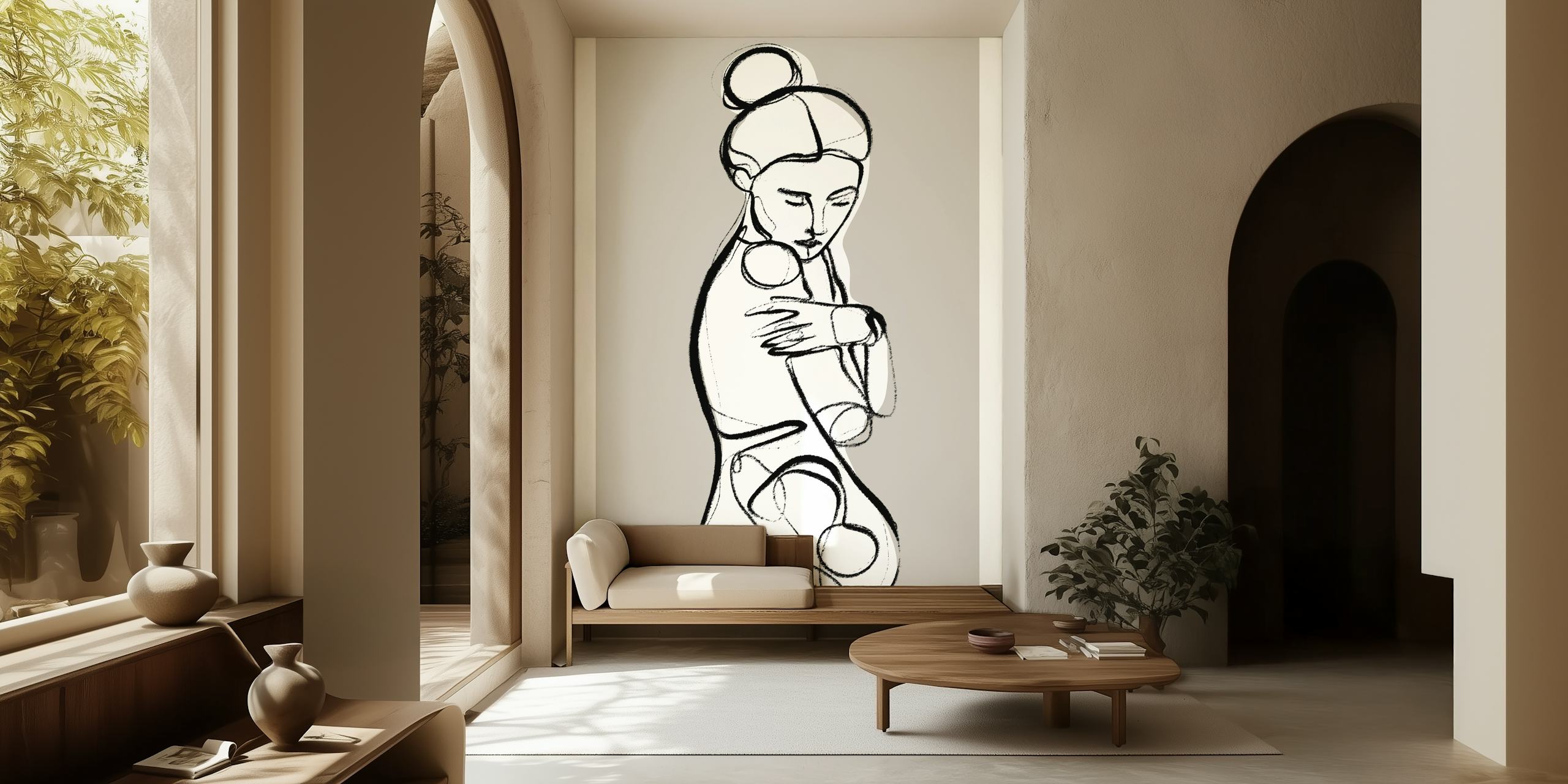 Carta da parati line art raffigurante l'abbraccio di una coppia stilizzata in una tavolozza monocromatica