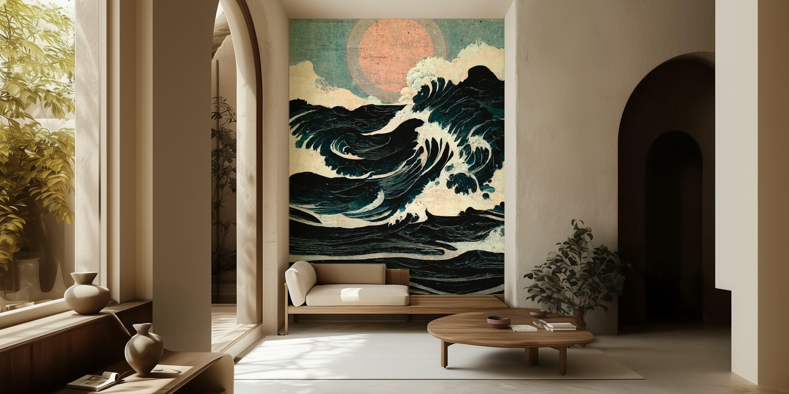 Ocean wave patterns in dark blue and cream tones wallpaper