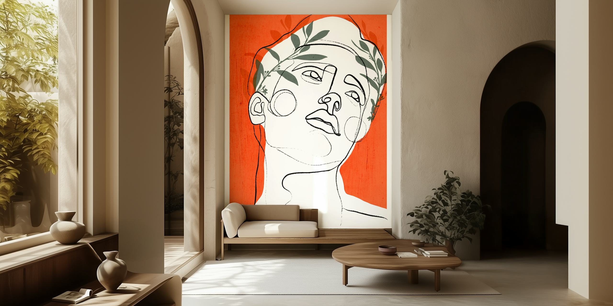 Modern line art of a person's face with floral elements on orange wallpaper