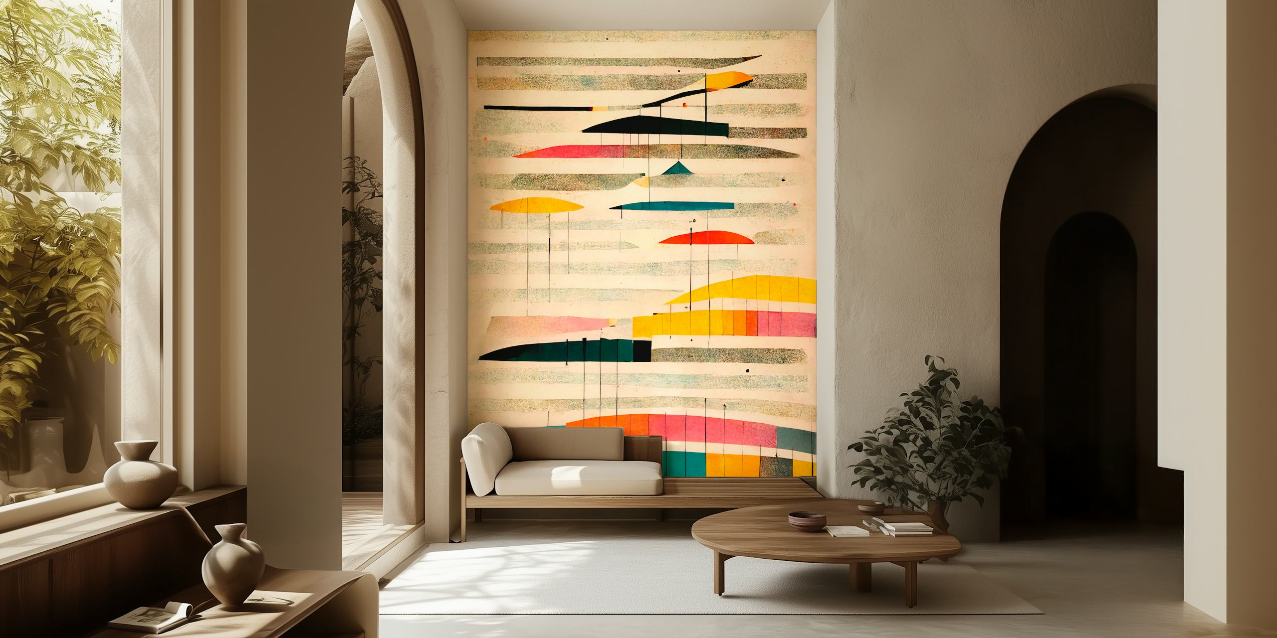 Colorful geometric shapes in pink, yellow, blue, and black wallpaper