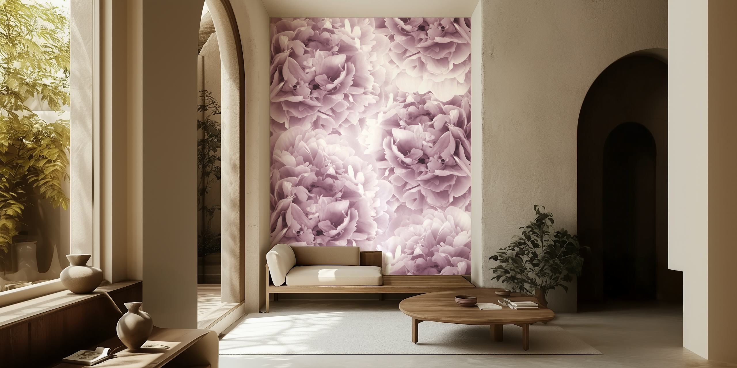 Een rustige en romantische mauve pioenrozen muurschildering voor interieurdecoratie.