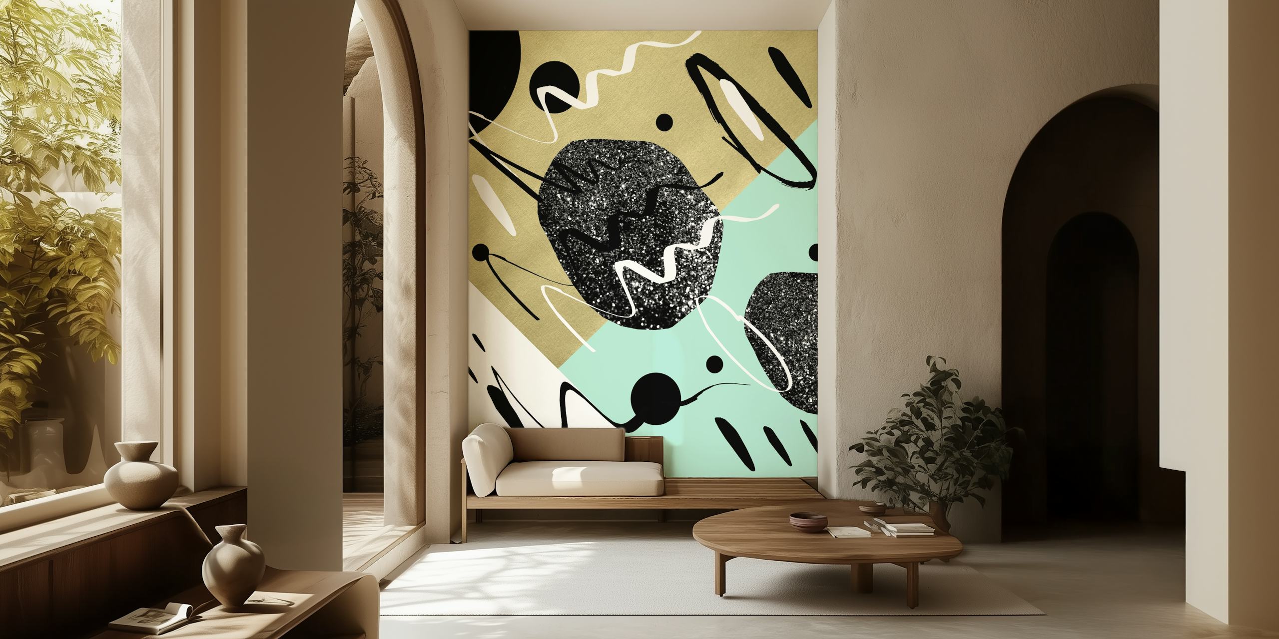 Fototapete Gold Mint Black Abstract 1 mit geometrischen Formen und Linien in Mintgrün, Gold und Schwarz.