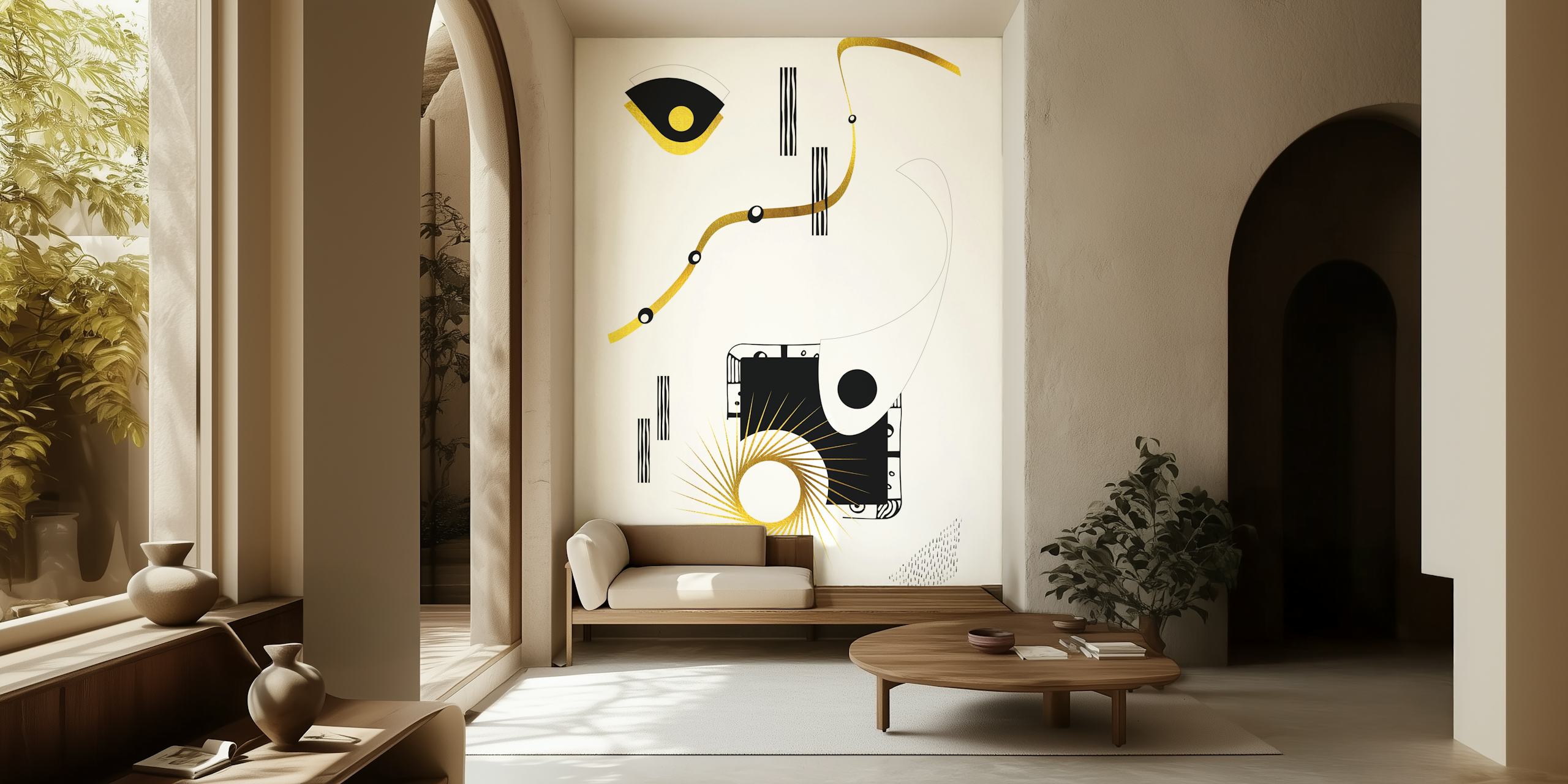 Abstraktní fototapeta s motivem očí, geometrickými tvary a nebeskými prvky v černé a zlaté barvě