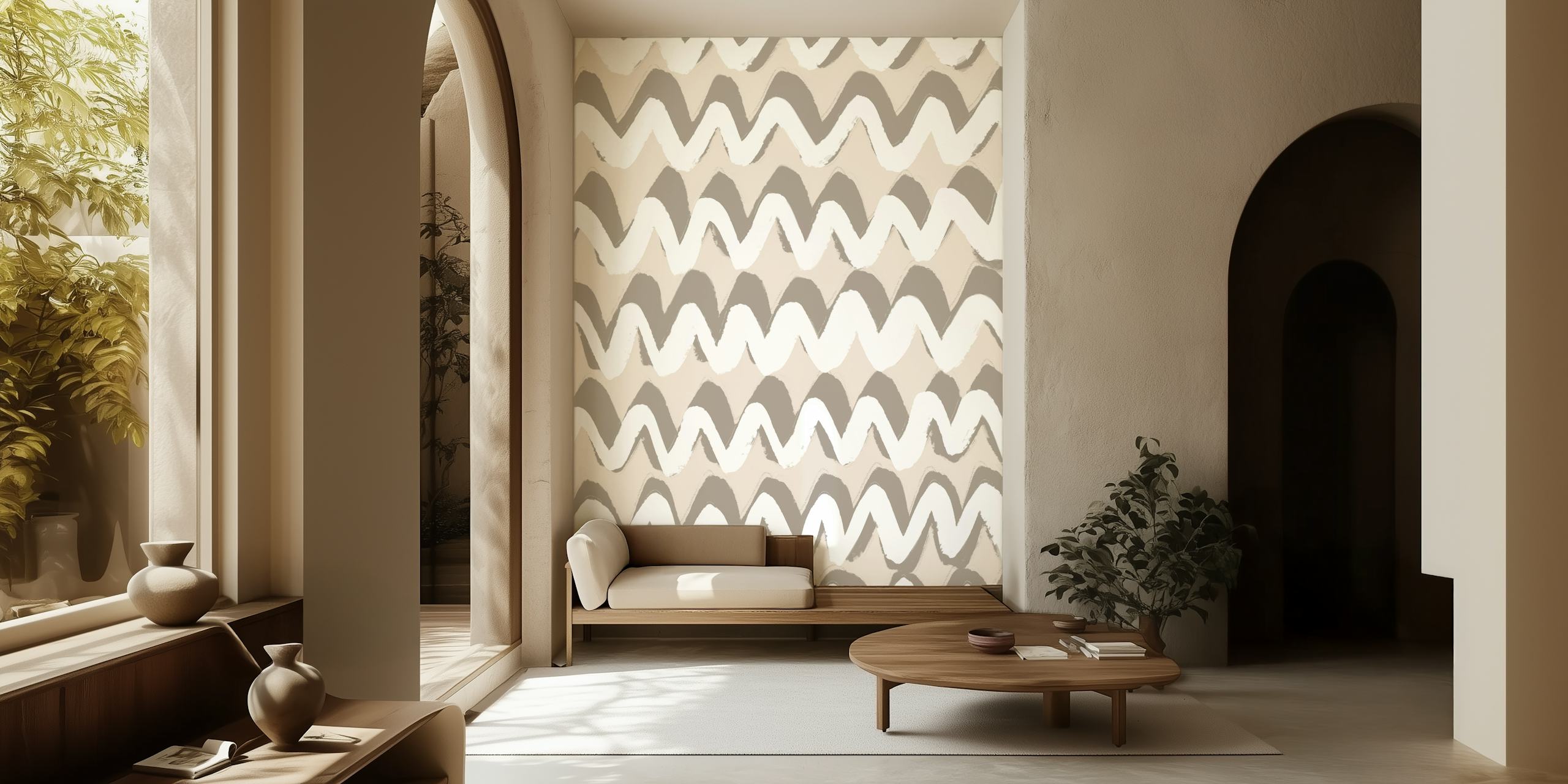 White and beige zigzag pattern wallpaper in a room