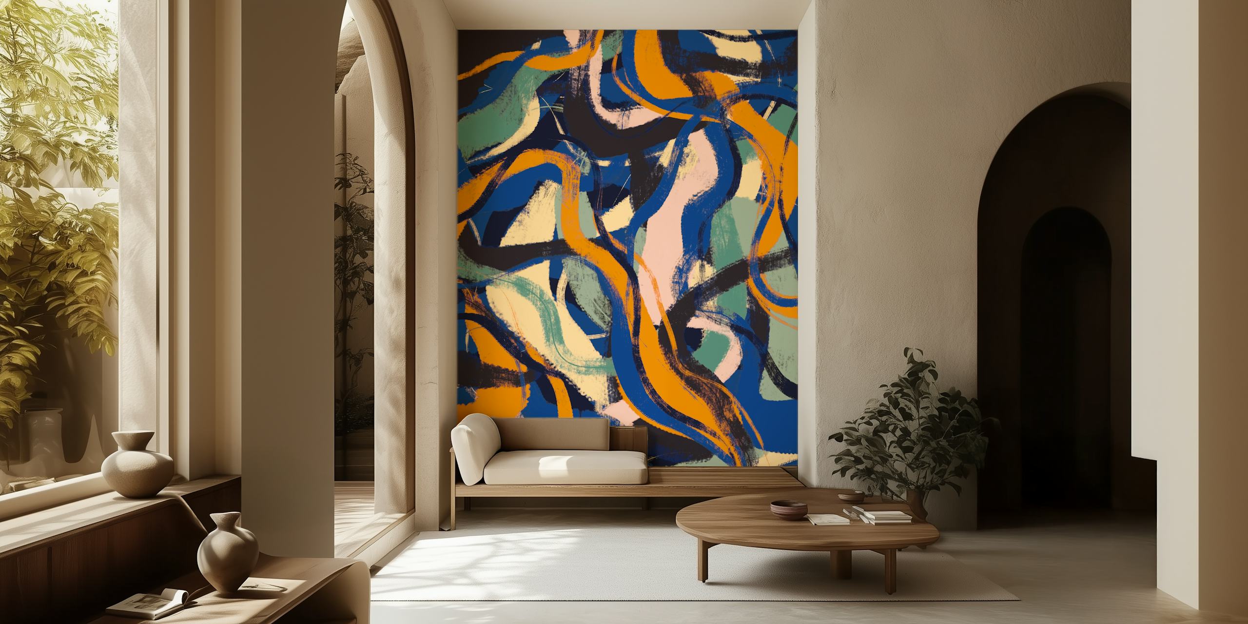 Colorful abstract brush strokes in blue, yellow, green, and pink wallpaper