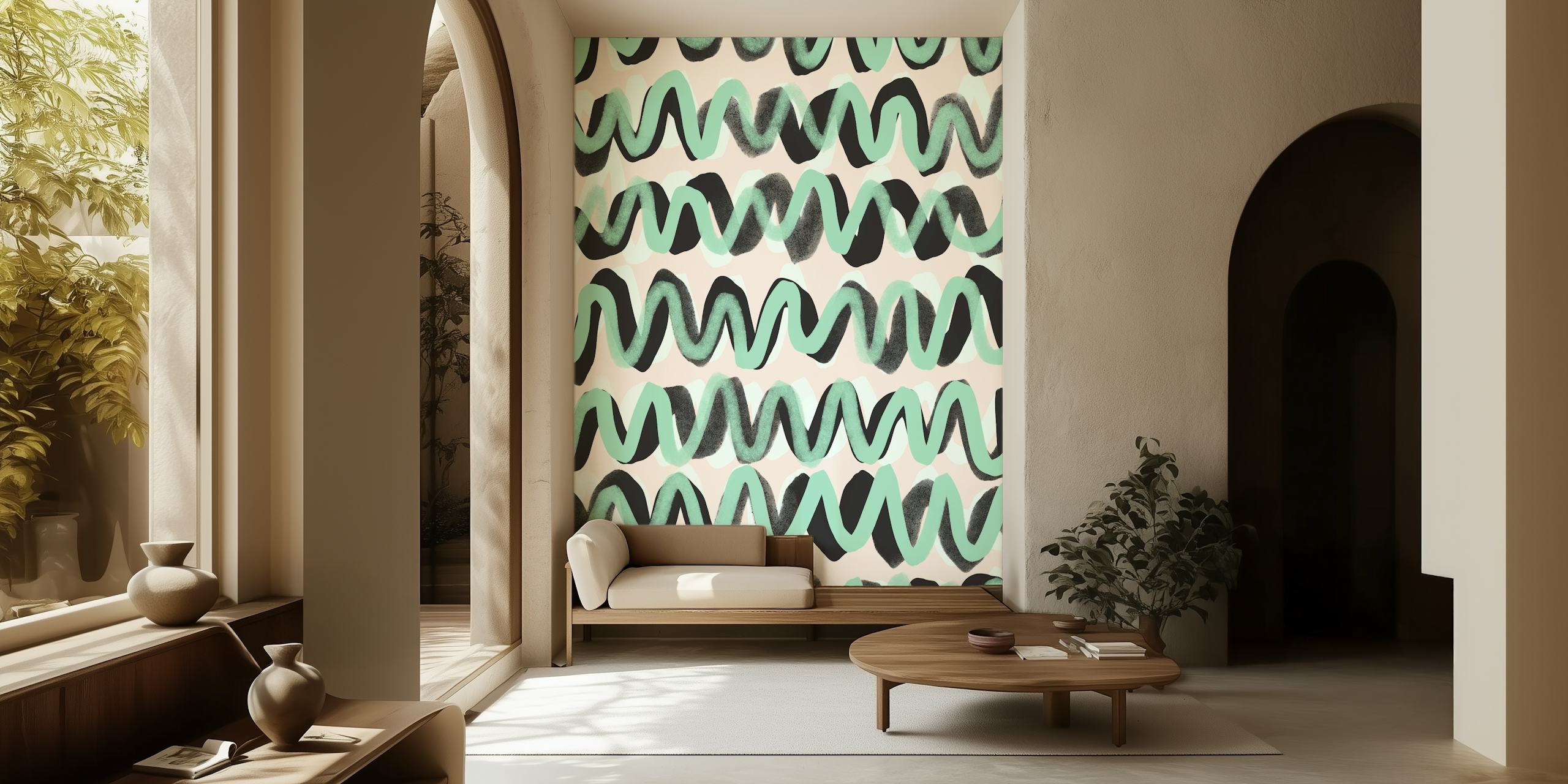 Turquoise zigzag pattern wallpaper in a room