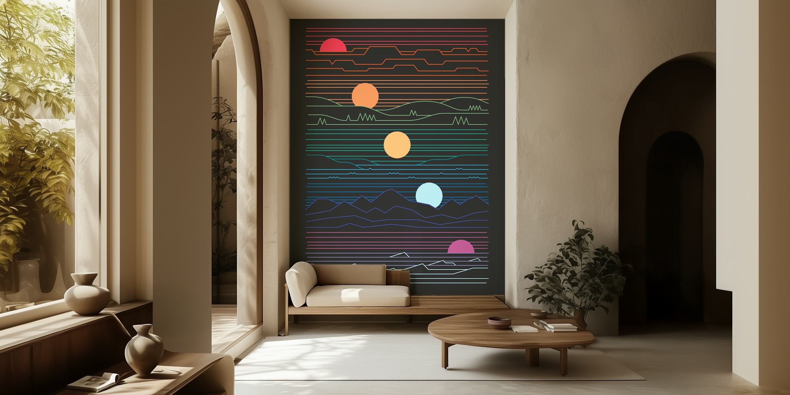 Fotomural de paisaje abstracto con montañas de colores y soles sobre un fondo oscuro