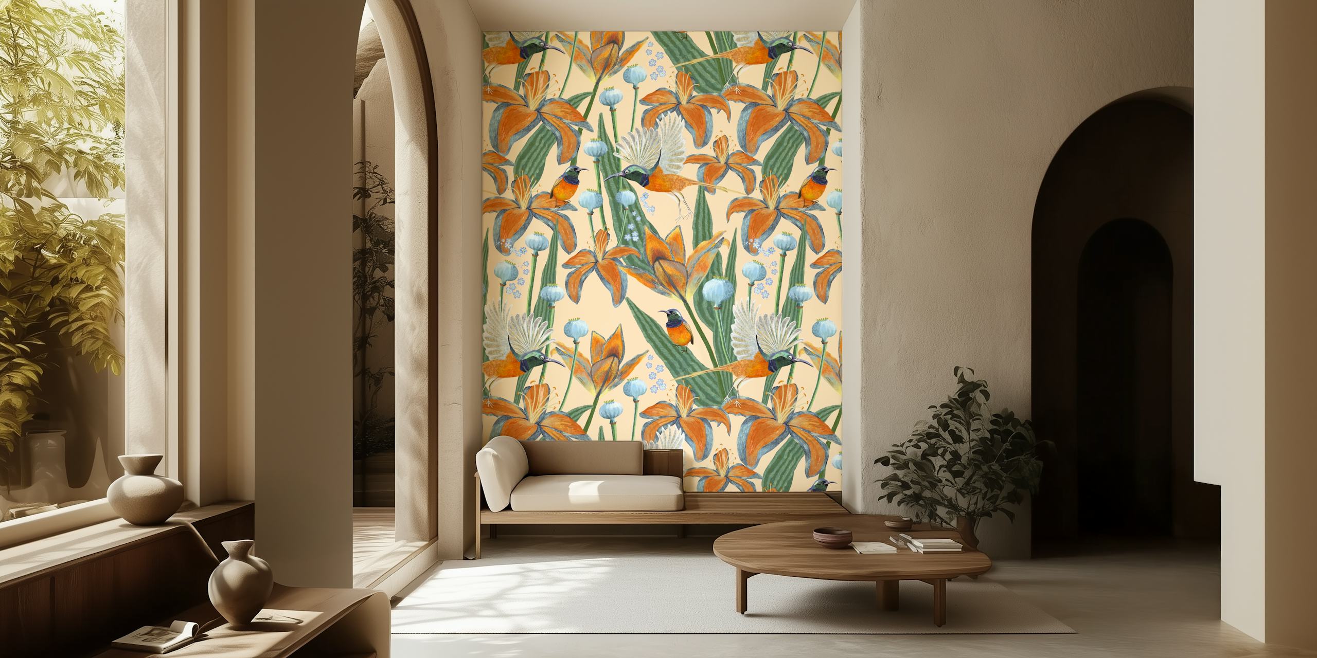A wall mural with bee-eater birds and sunflowers in a botanical illustration style