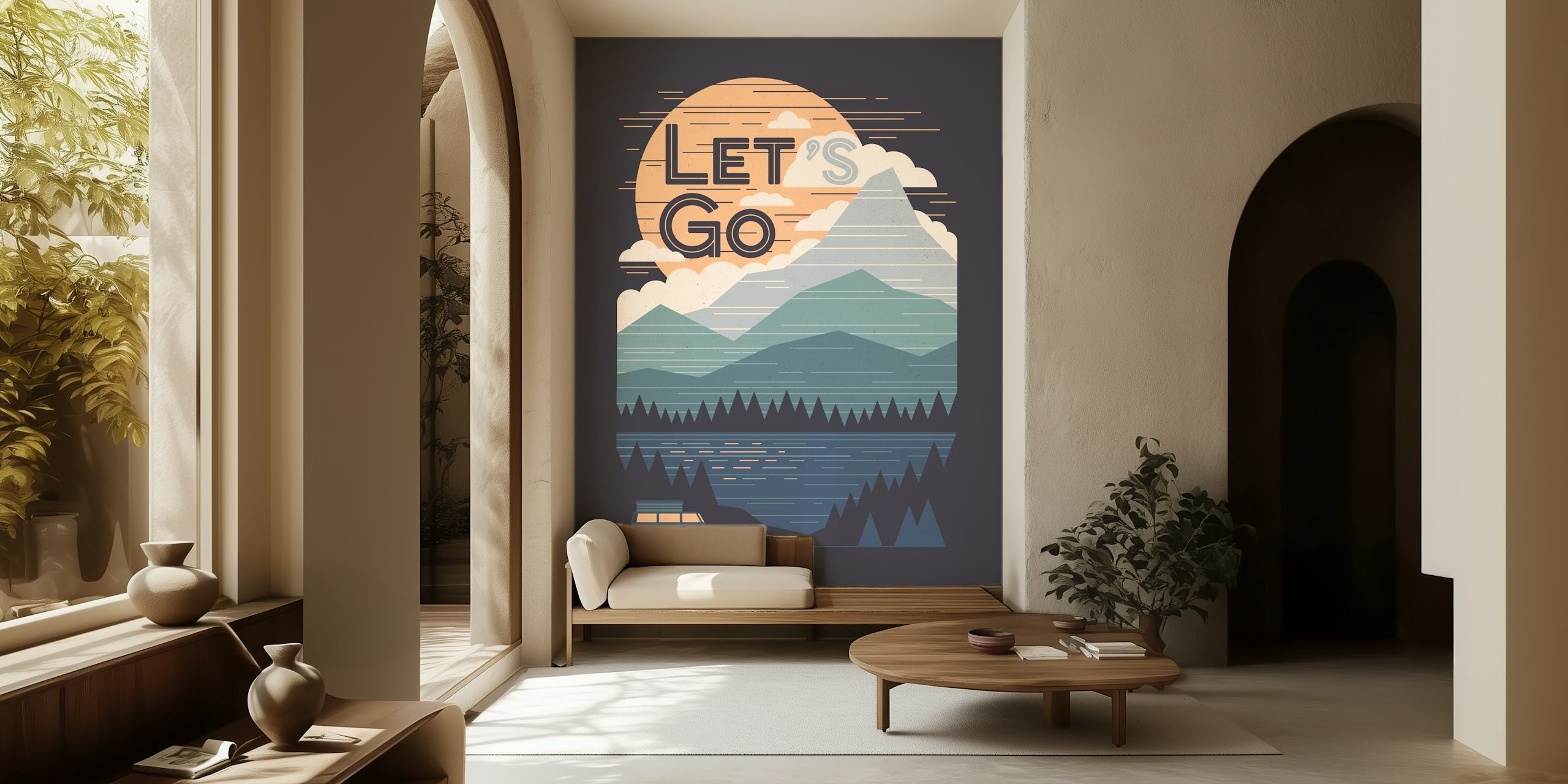 Havainnollistava seinämaalaus vuorilla, järvellä ja Let's Go -tekstillä vangitsemassa seikkailun henkeä