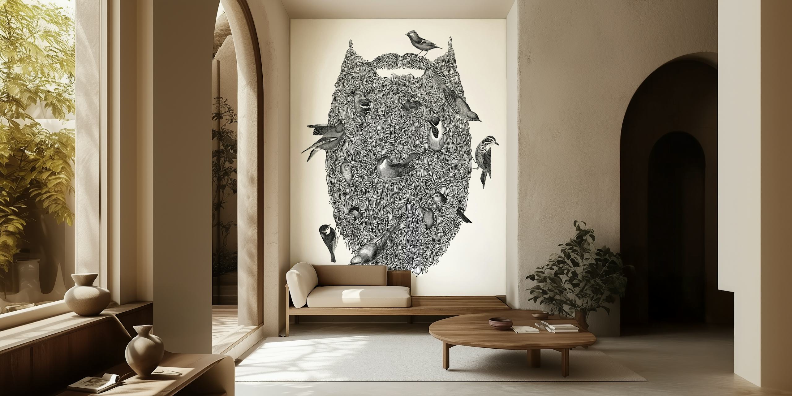 Graphic wall mural depicting birds in a beard-like formation in black and white