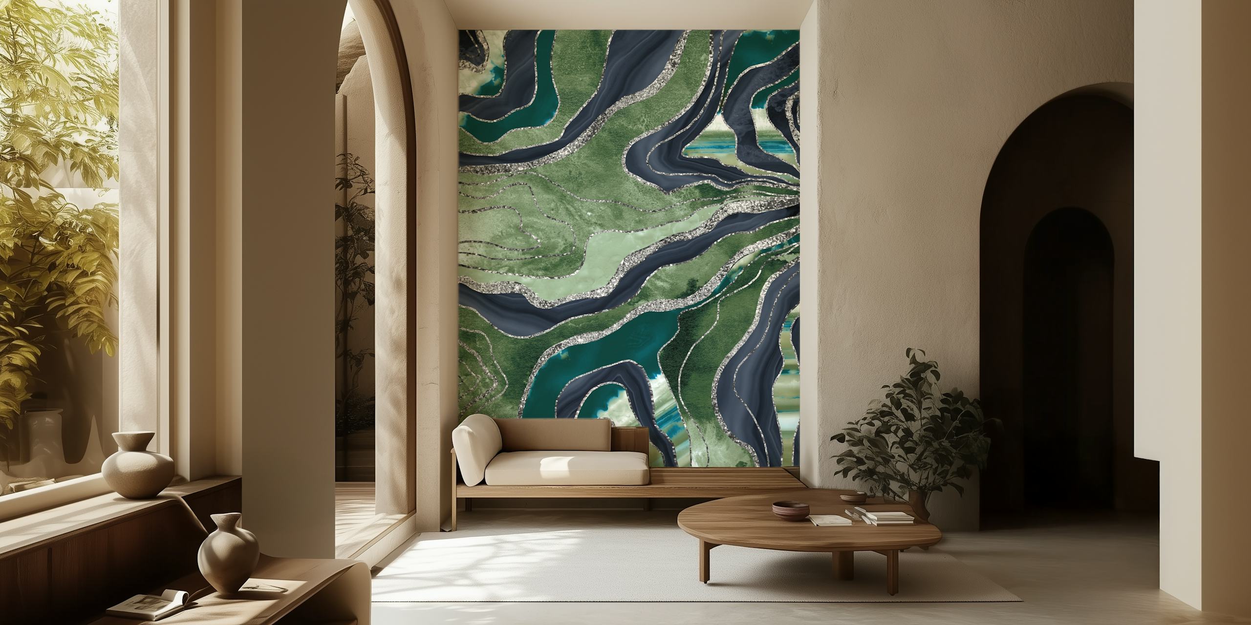 Green Blue Marble Agate wallpaper displayed in a room