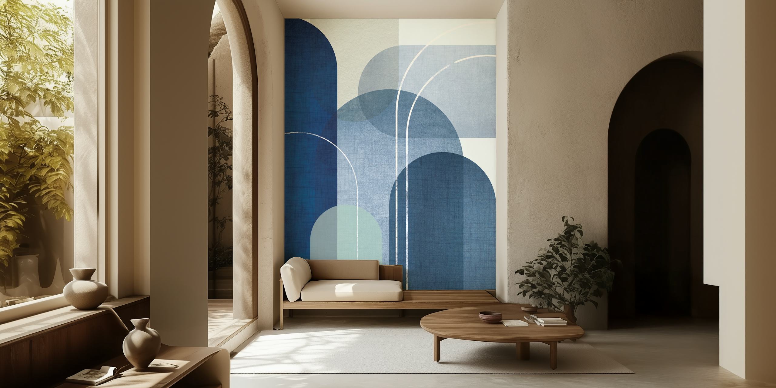 Blue geometric abstract shapes wallpaper with textured linen look