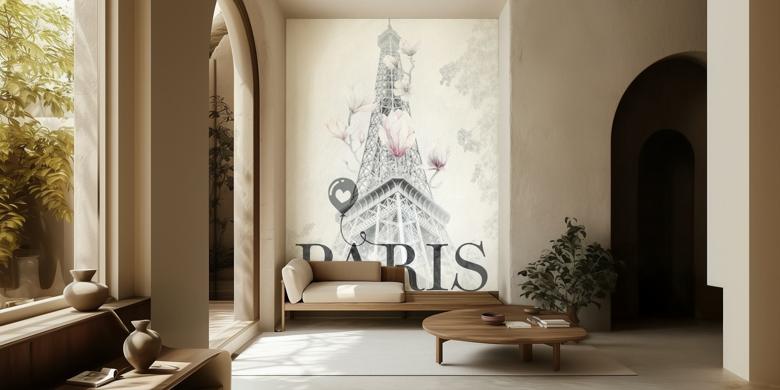 Eiffel Tower with magnolia flowers in soft tones wallpaper