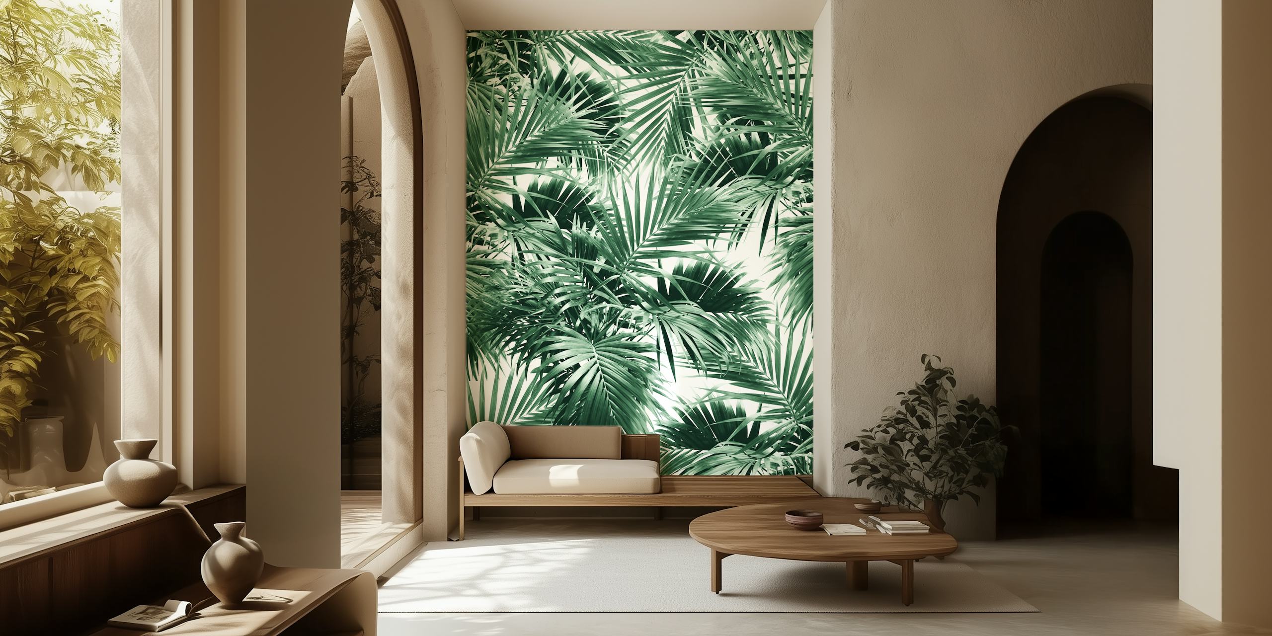 Tropical palm leaf pattern in green tones wallpaper