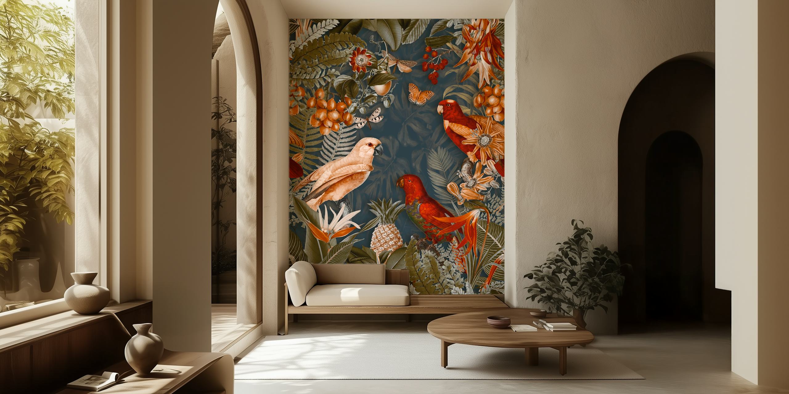 Midnight Jungle Parrots tapetti huoneessa